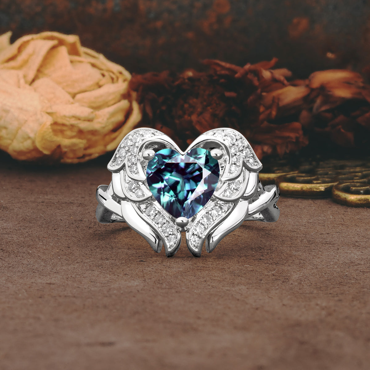 Unique, Luxurious Gothic Style 3 Prong Heart Cut Alexandrite Engagement Ring - Additional view