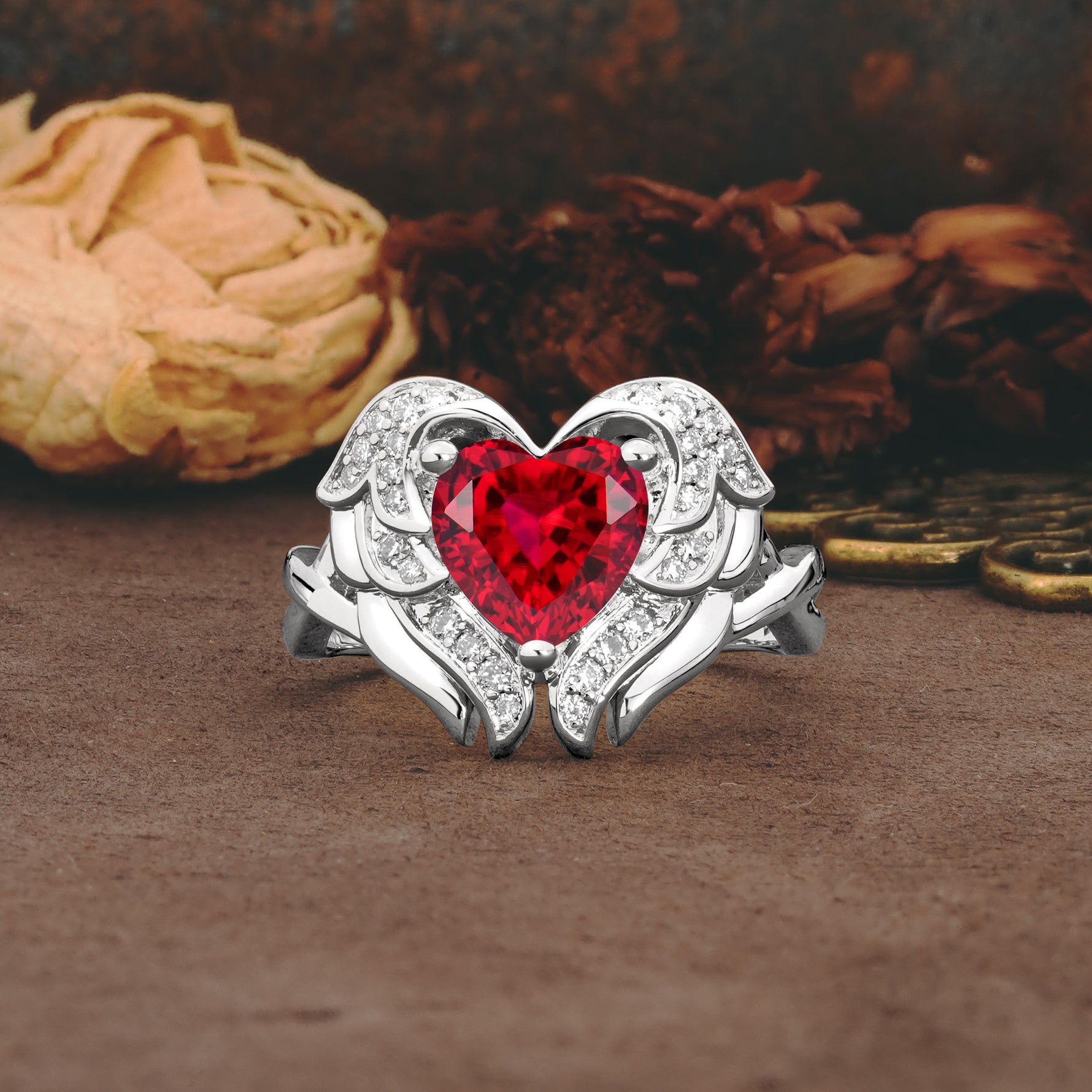 Unique, Luxurious Gothic Style 3 Prong Heart Cut Ruby Engagement Ring - Additional view