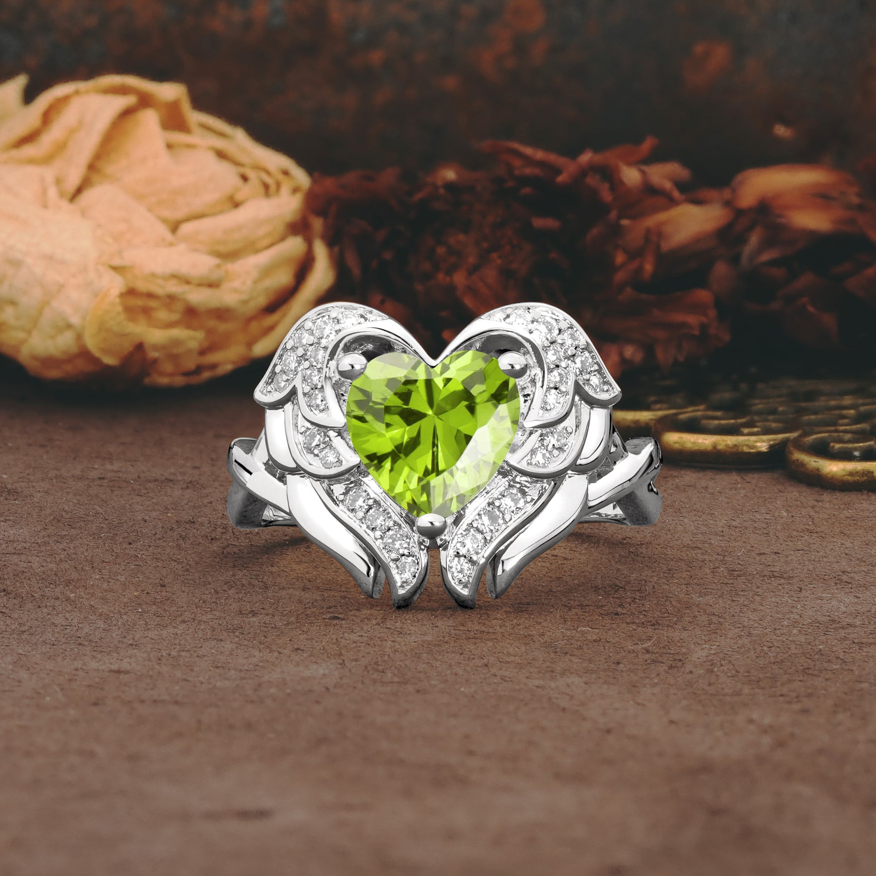 Unique, Luxurious Gothic Style 3 Prong Heart Cut Peridot Engagement Ring - Additional view