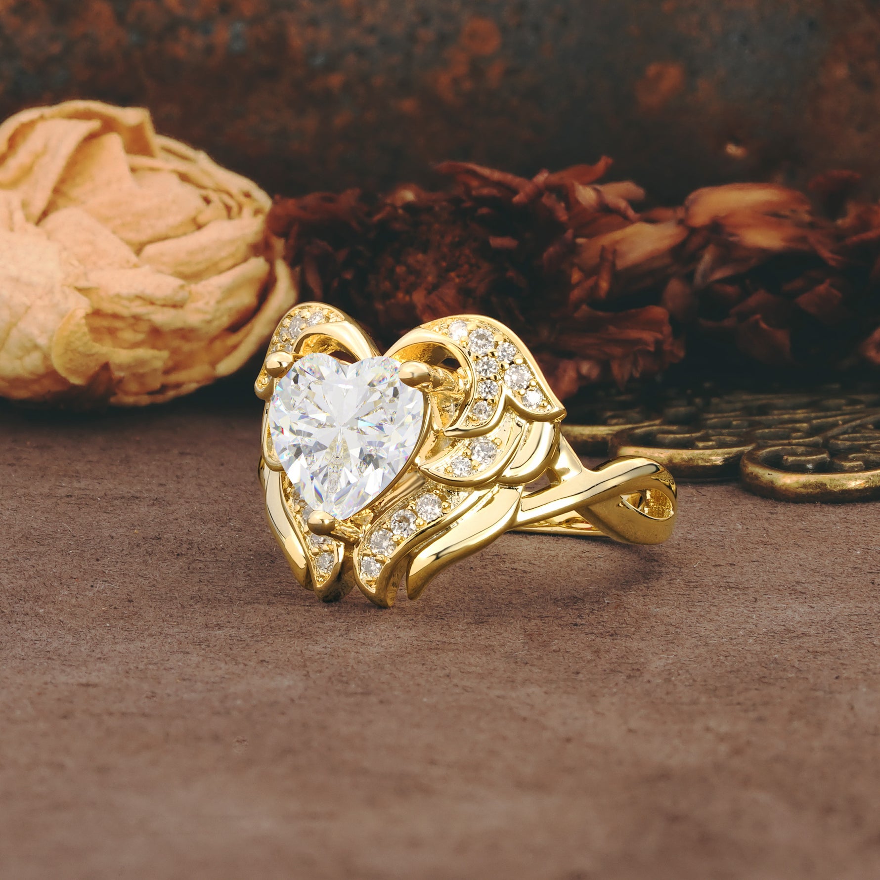 Unique, Luxurious Gothic Style 3 Prong Heart Cut Moissanite Engagement Ring - Additional view