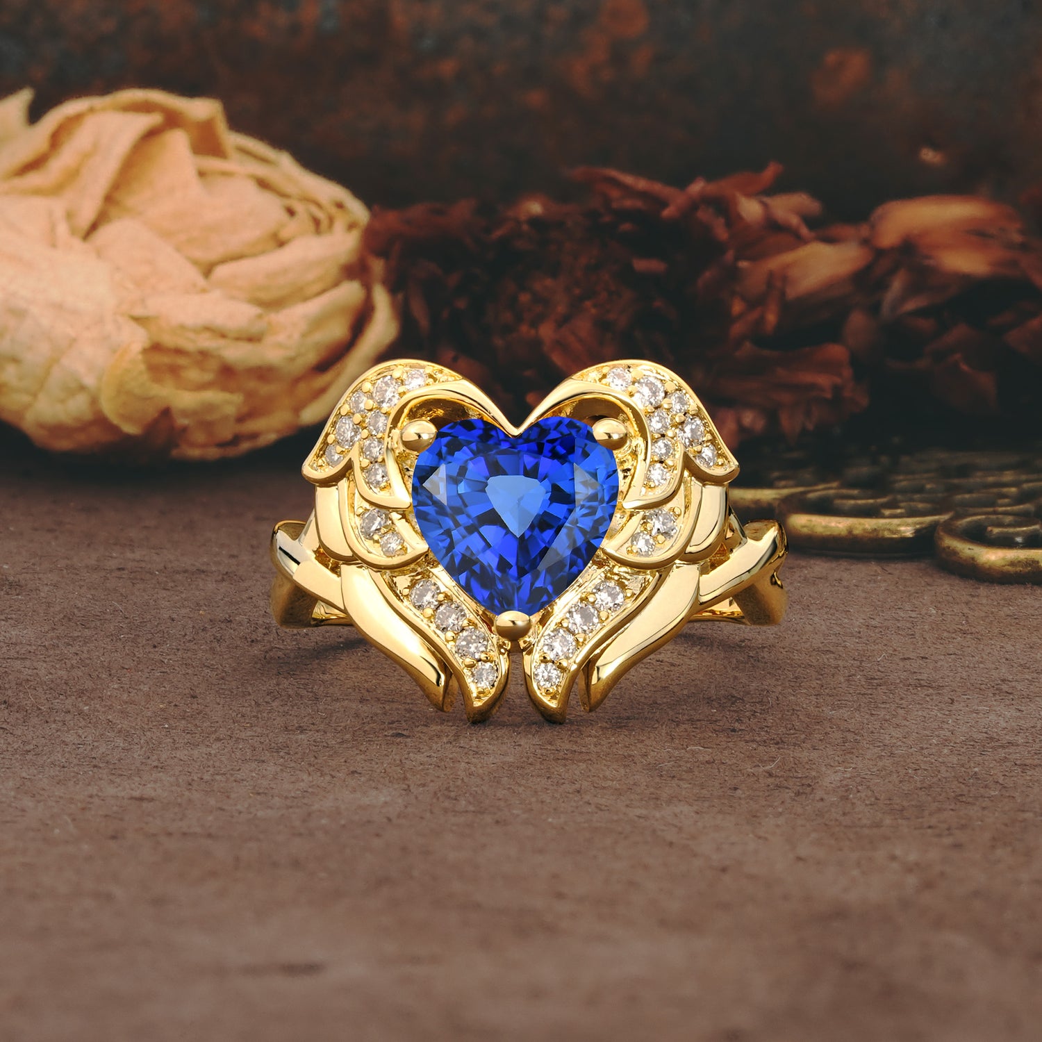 Unique, Luxurious Gothic Style 3 Prong Heart Cut Sapphire Engagement Ring - Additional view