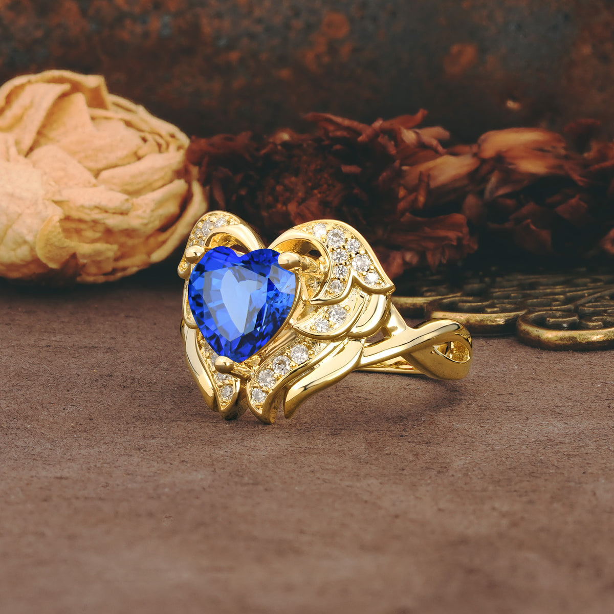 Unique, Luxurious Gothic Style 3 Prong Heart Cut Sapphire Engagement Ring - Additional view