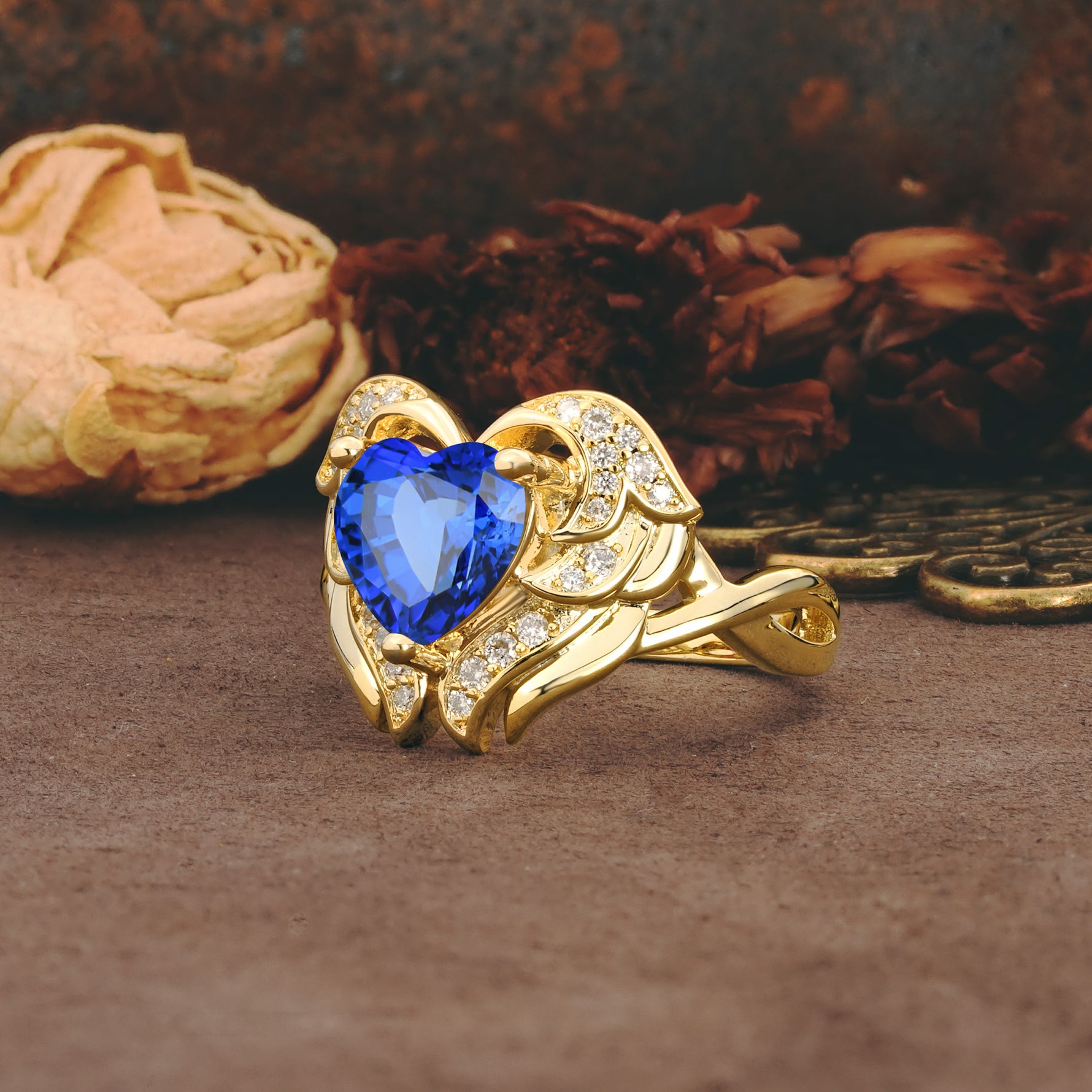 Unique, Luxurious Gothic Style 3 Prong Heart Cut Sapphire Engagement Ring - Additional view