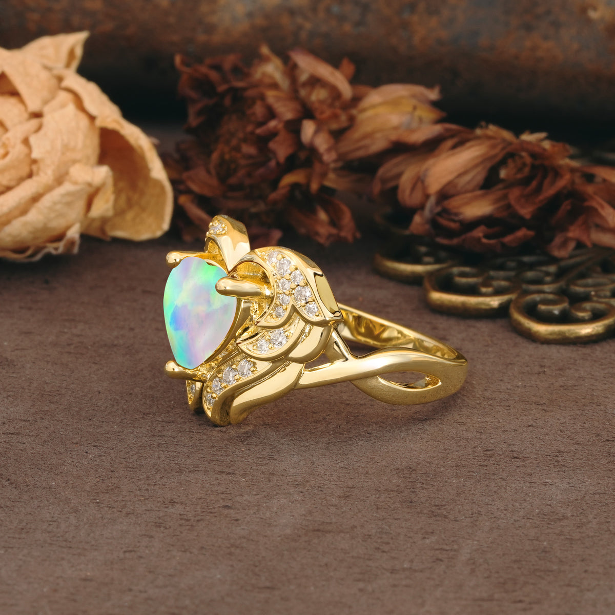 Unique, Luxurious Gothic Style 3 Prong Heart Cut Fire Opal Engagement Ring - Additional view