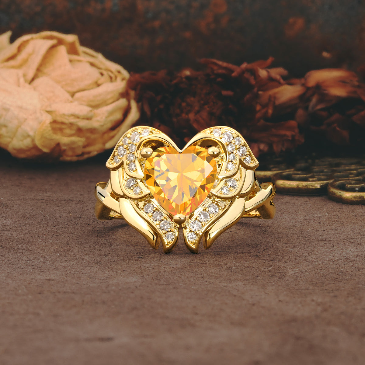 Unique, Luxurious Gothic Style 3 Prong Heart Cut Citrine Engagement Ring - Additional view