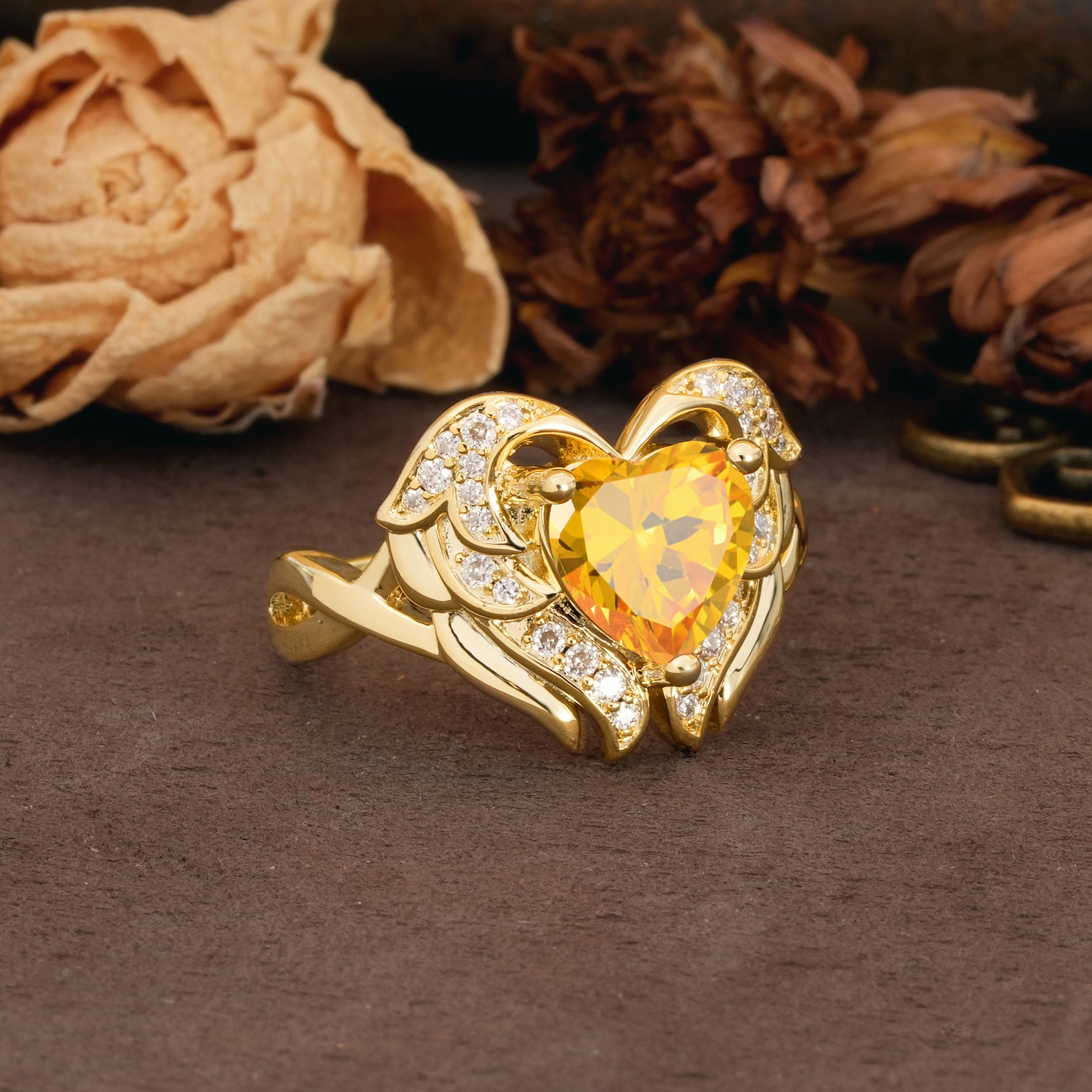 Unique, Luxurious Gothic Style 3 Prong Heart Cut Citrine Engagement Ring - Additional view