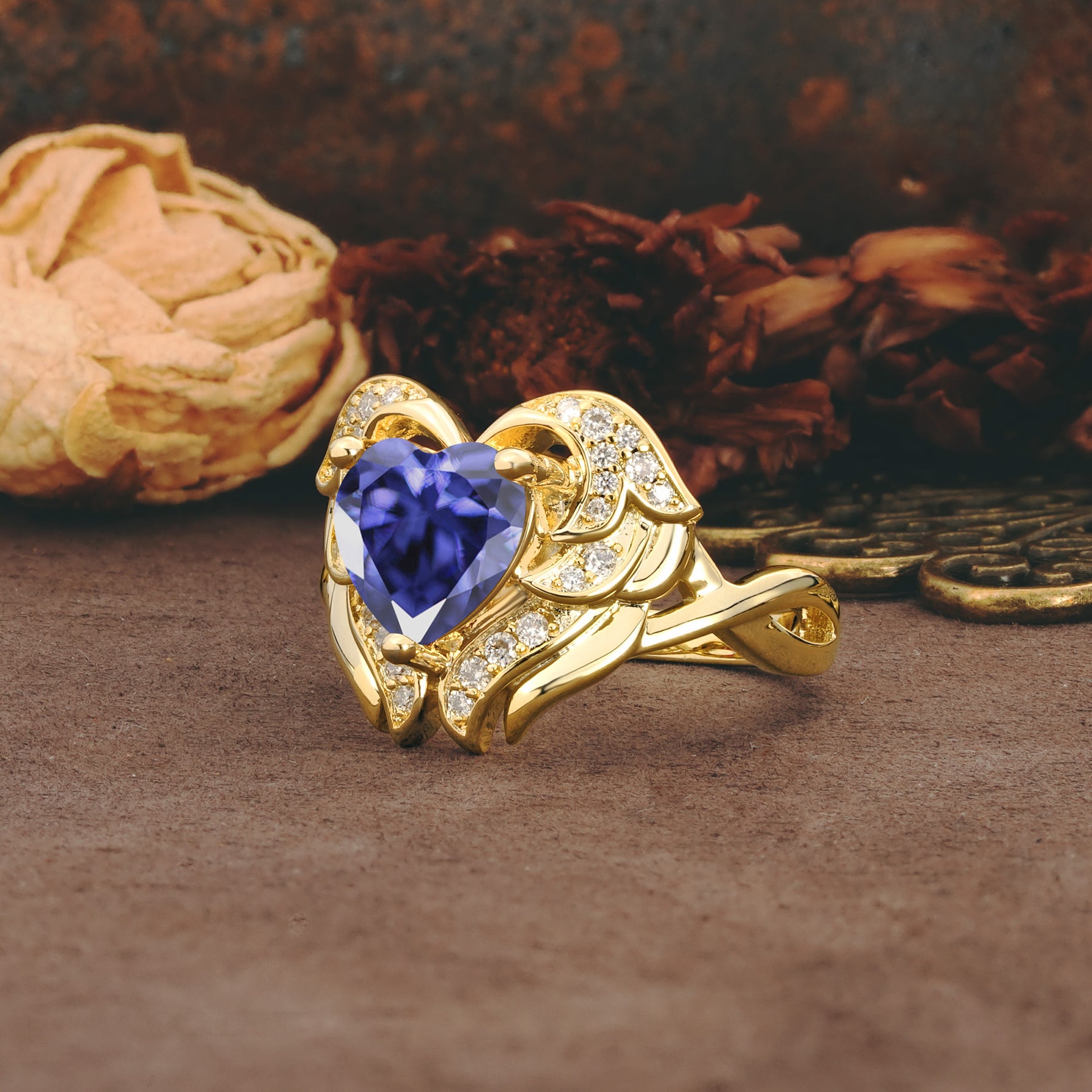 Unique, Luxurious Gothic Style 3 Prong Heart Cut Tanzanite Engagement Ring - Additional view