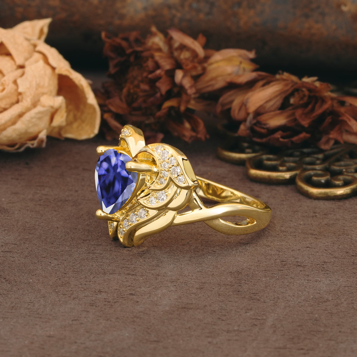 Unique, Luxurious Gothic Style 3 Prong Heart Cut Tanzanite Engagement Ring - Additional view