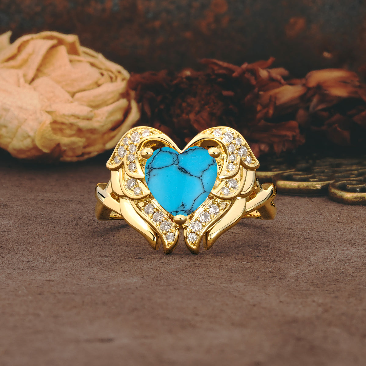 Unique, Luxurious Gothic Style 3 Prong Heart Cut Turquoise Engagement Ring - Additional view