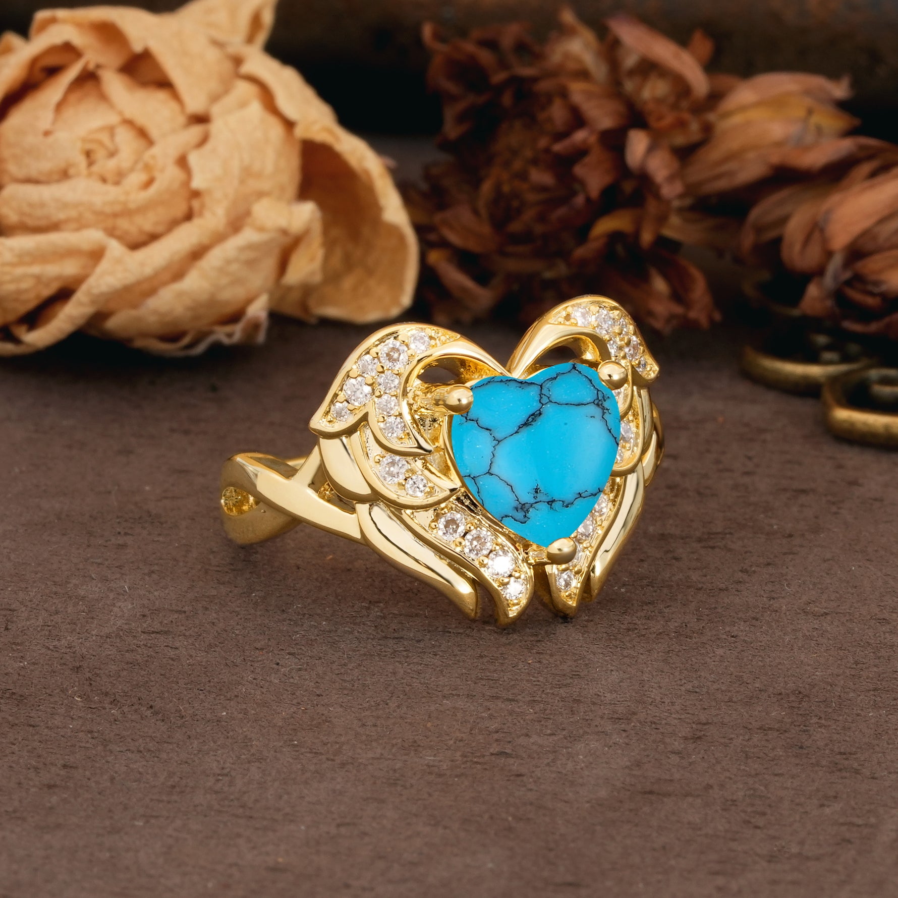Unique, Luxurious Gothic Style 3 Prong Heart Cut Turquoise Engagement Ring - Additional view