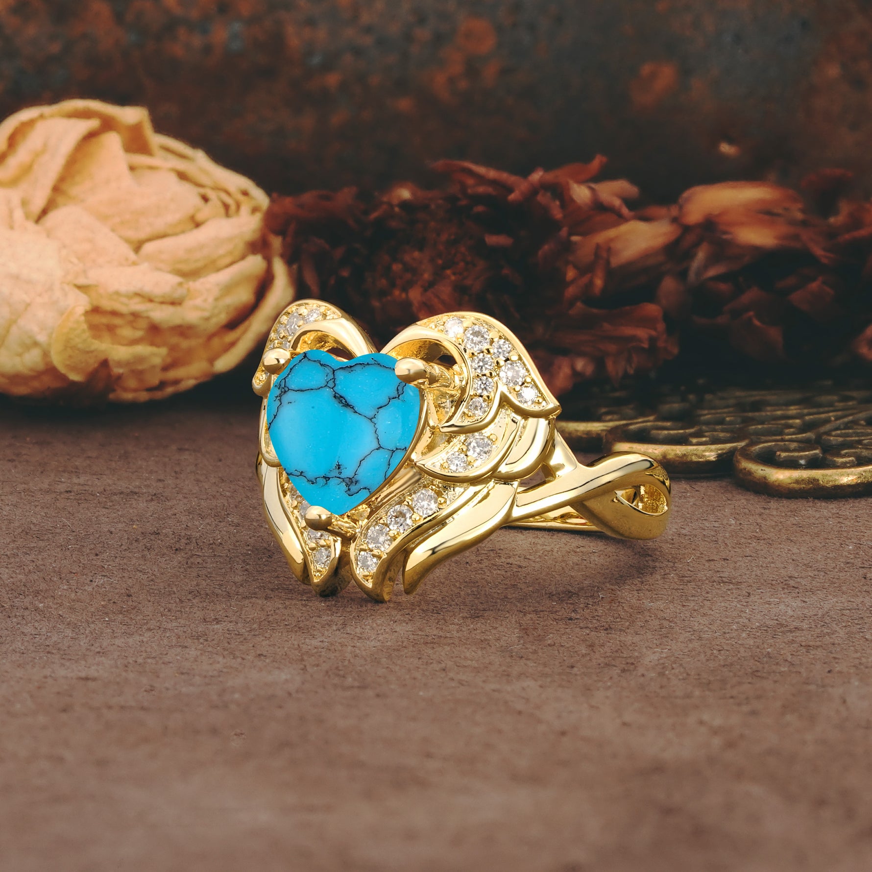 Unique, Luxurious Gothic Style 3 Prong Heart Cut Turquoise Engagement Ring - Additional view