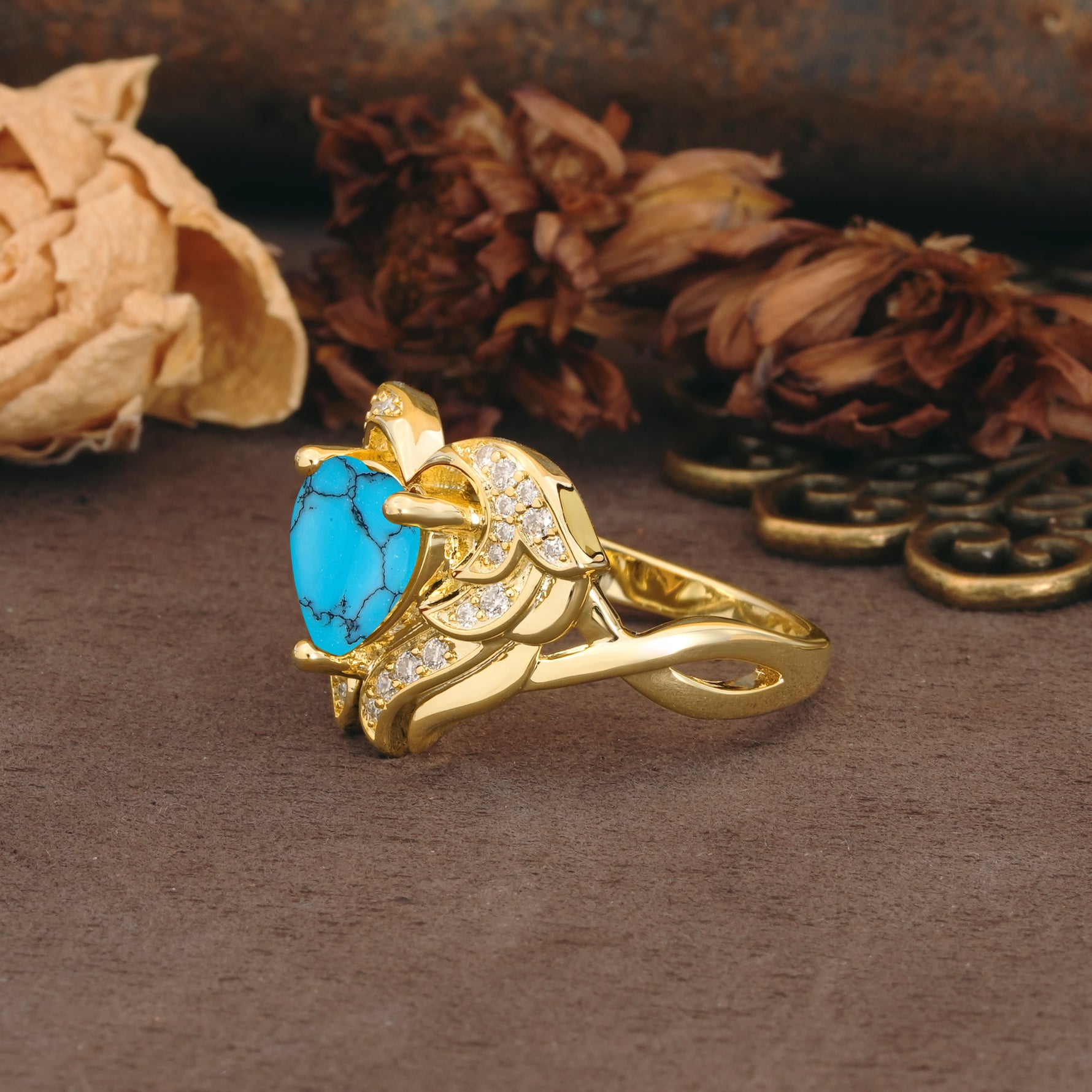 Unique, Luxurious Gothic Style 3 Prong Heart Cut Turquoise Engagement Ring - Additional view