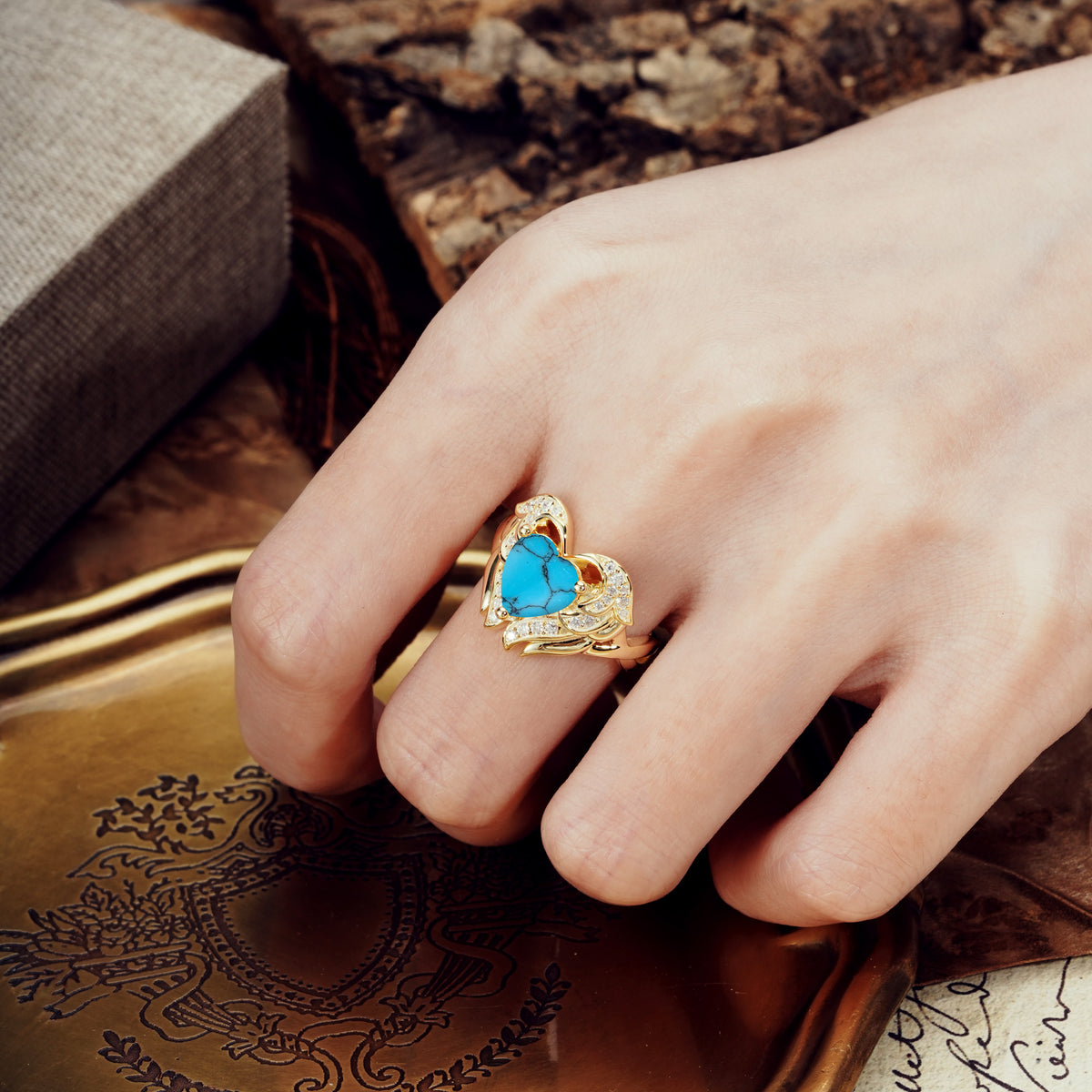 Unique, Luxurious Gothic Style 3 Prong Heart Cut Turquoise Engagement Ring - Additional view