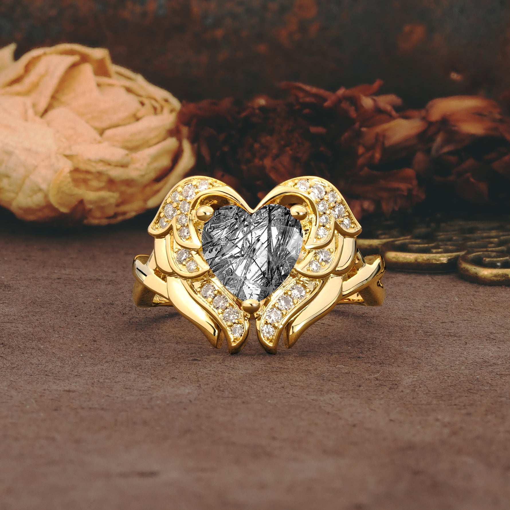 Unique, Luxurious Gothic Style 3 Prong Heart Cut Black Rutilated Quartz Engagement Ring - Additional view