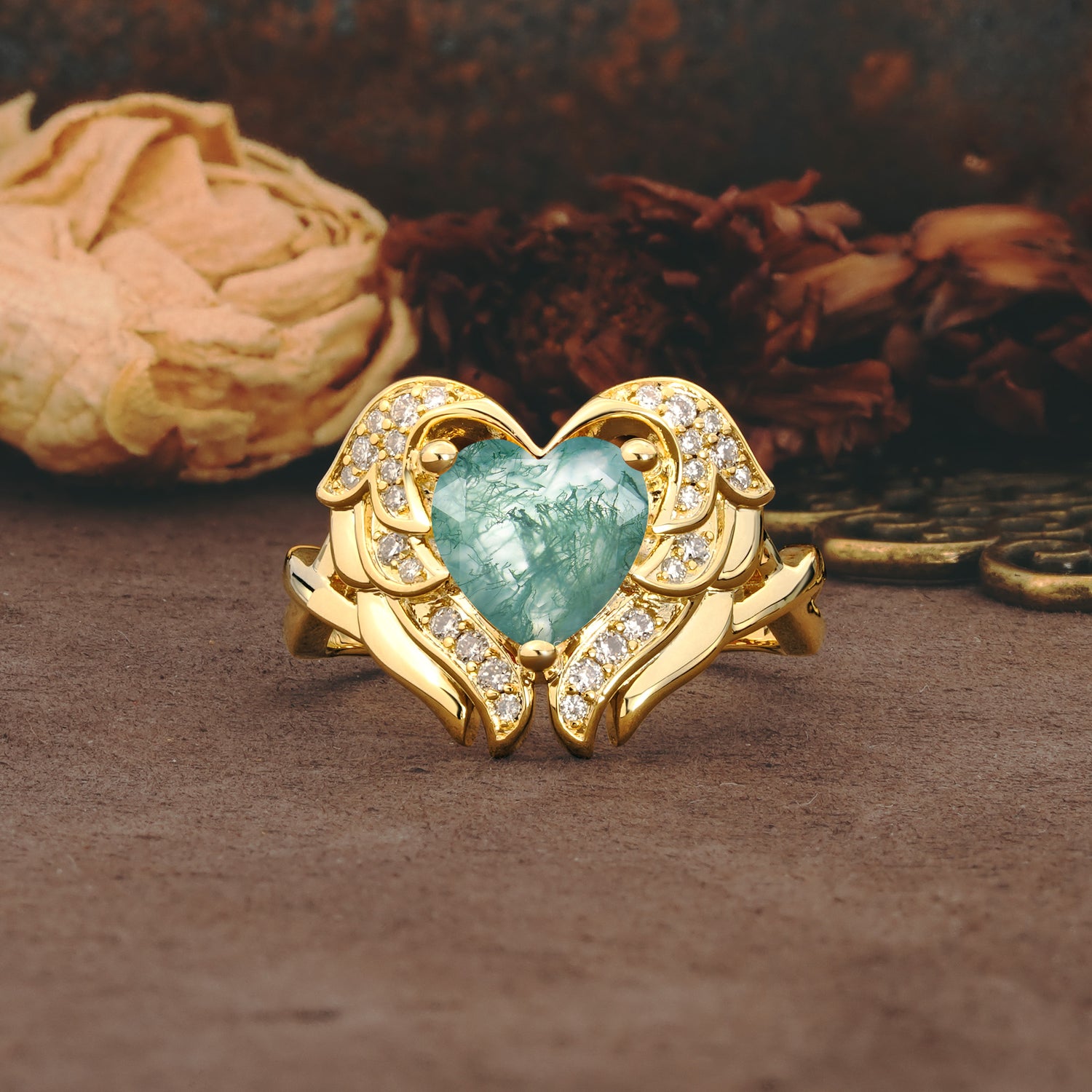 Unique, Luxurious Gothic Style 3 Prong Heart Cut Moss Agate Engagement Ring - Additional view