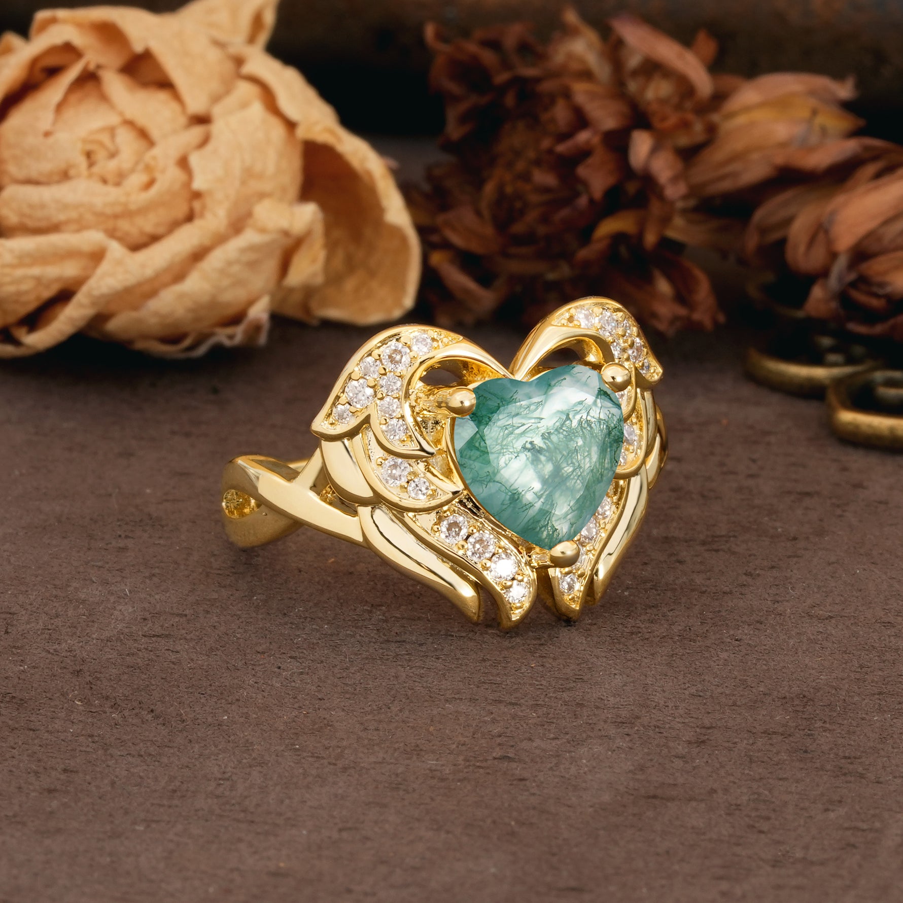 Unique, Luxurious Gothic Style 3 Prong Heart Cut Moss Agate Engagement Ring - Additional view
