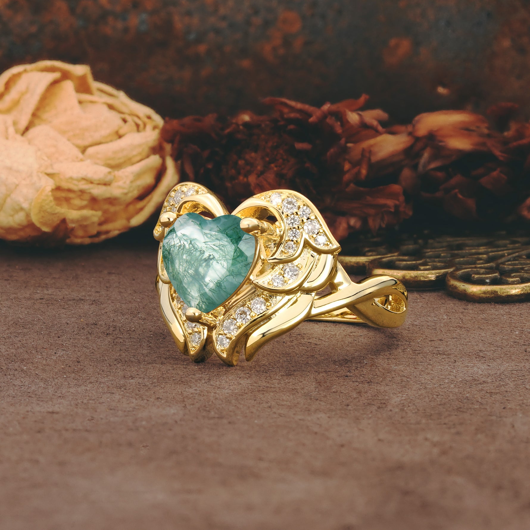 Unique, Luxurious Gothic Style 3 Prong Heart Cut Moss Agate Engagement Ring - Additional view