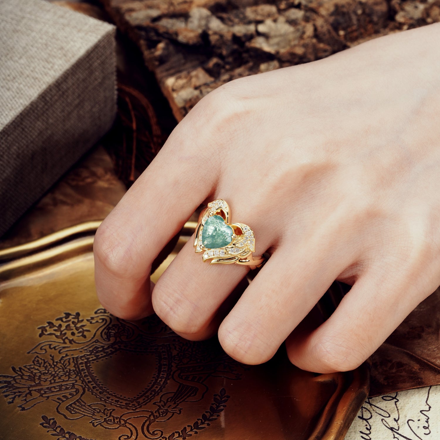 Unique, Luxurious Gothic Style 3 Prong Heart Cut Moss Agate Engagement Ring - Additional view
