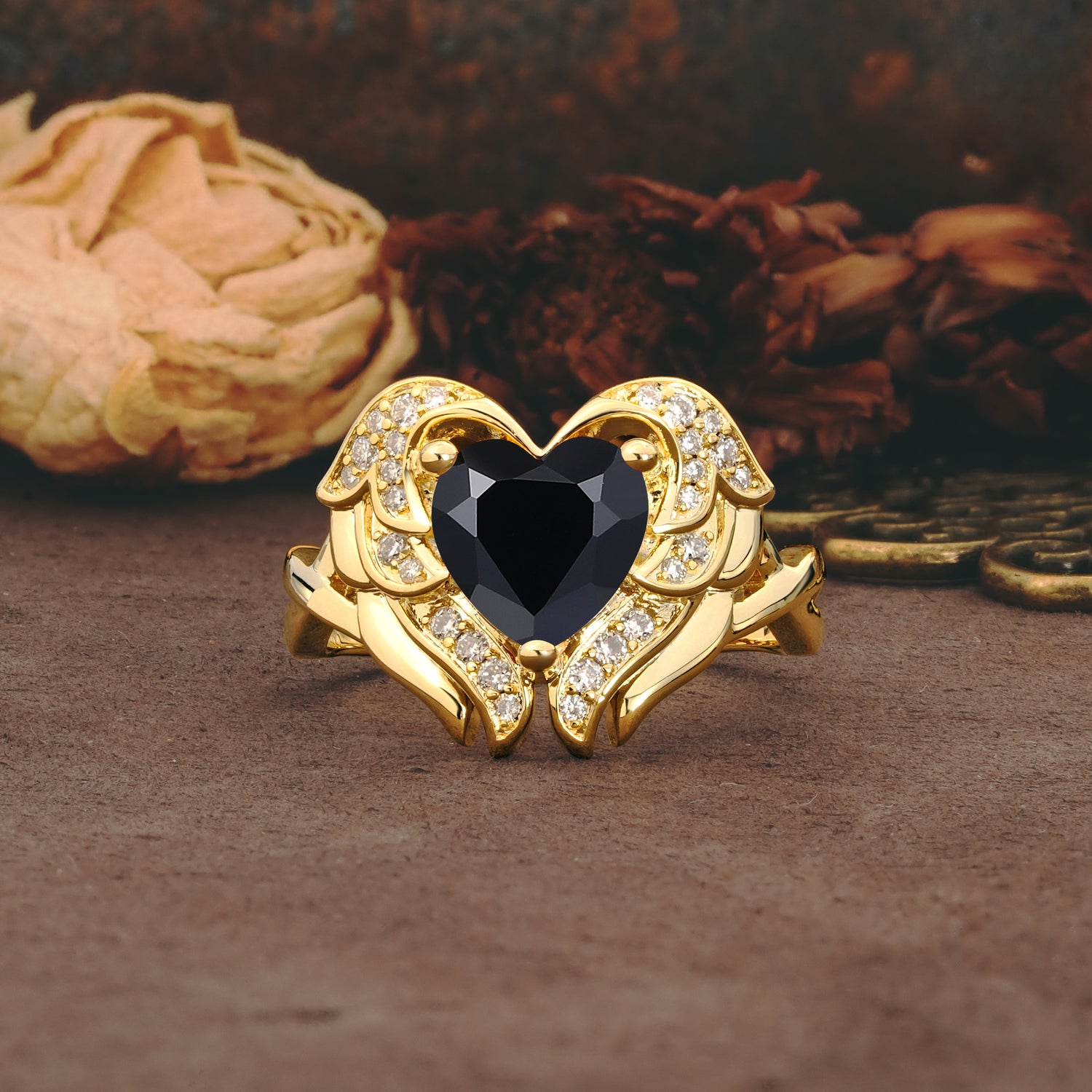 Unique, Luxurious Gothic Style 3 Prong Heart Cut Black Onyx Engagement Ring - Additional view