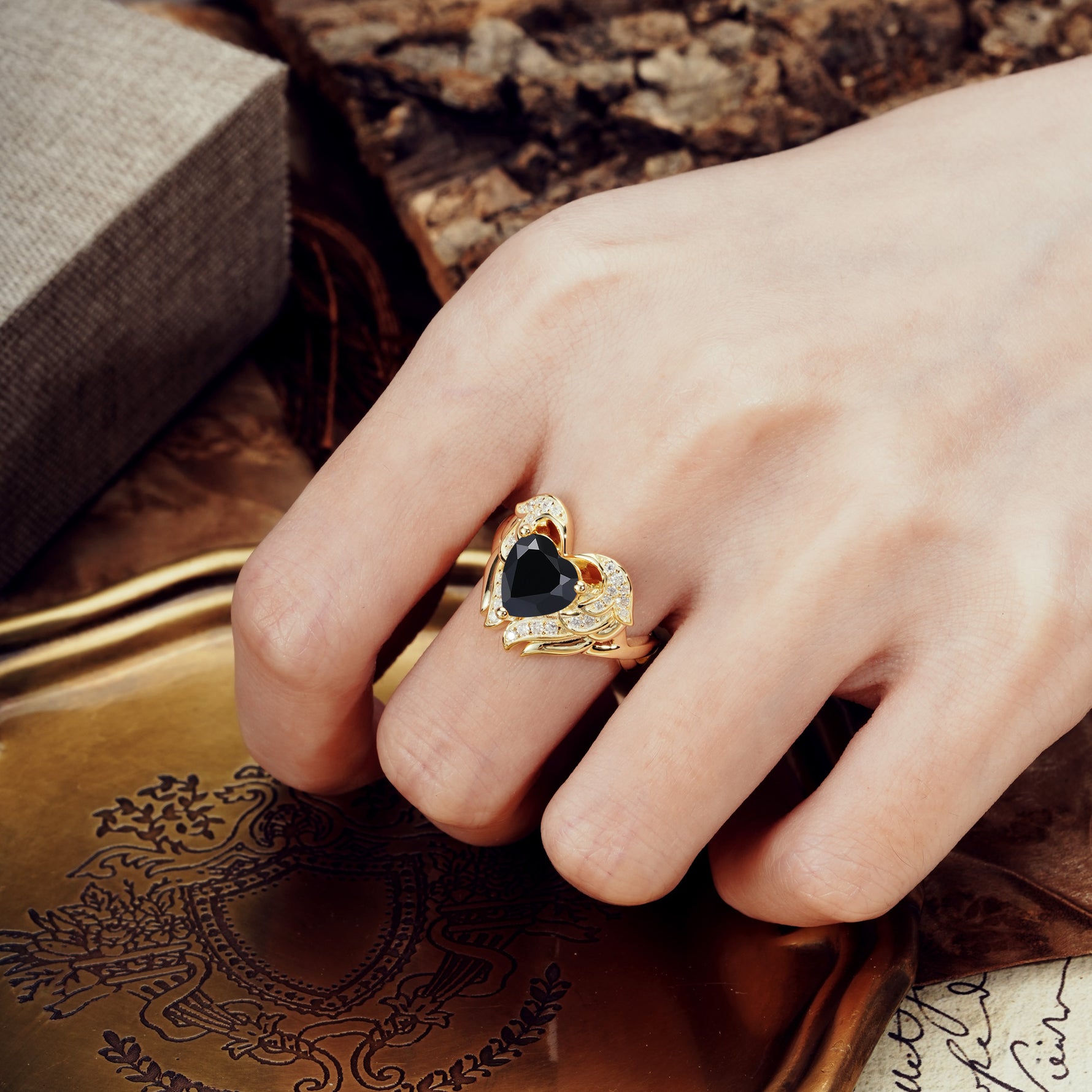 Unique, Luxurious Gothic Style 3 Prong Heart Cut Black Onyx Engagement Ring - Additional view