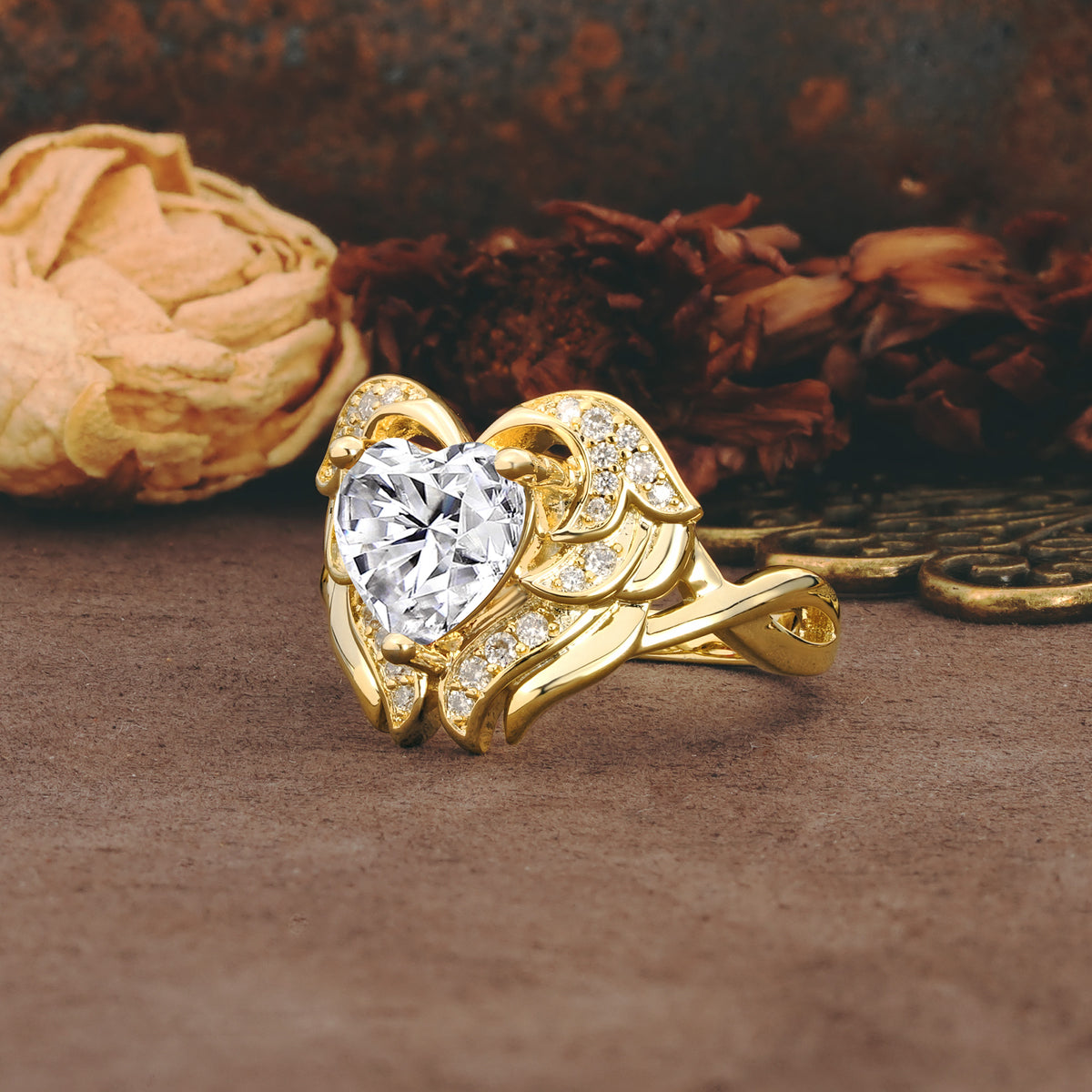 Unique, Luxurious Gothic Style 3 Prong Heart Cut Lab Diamond Engagement Ring - Additional view