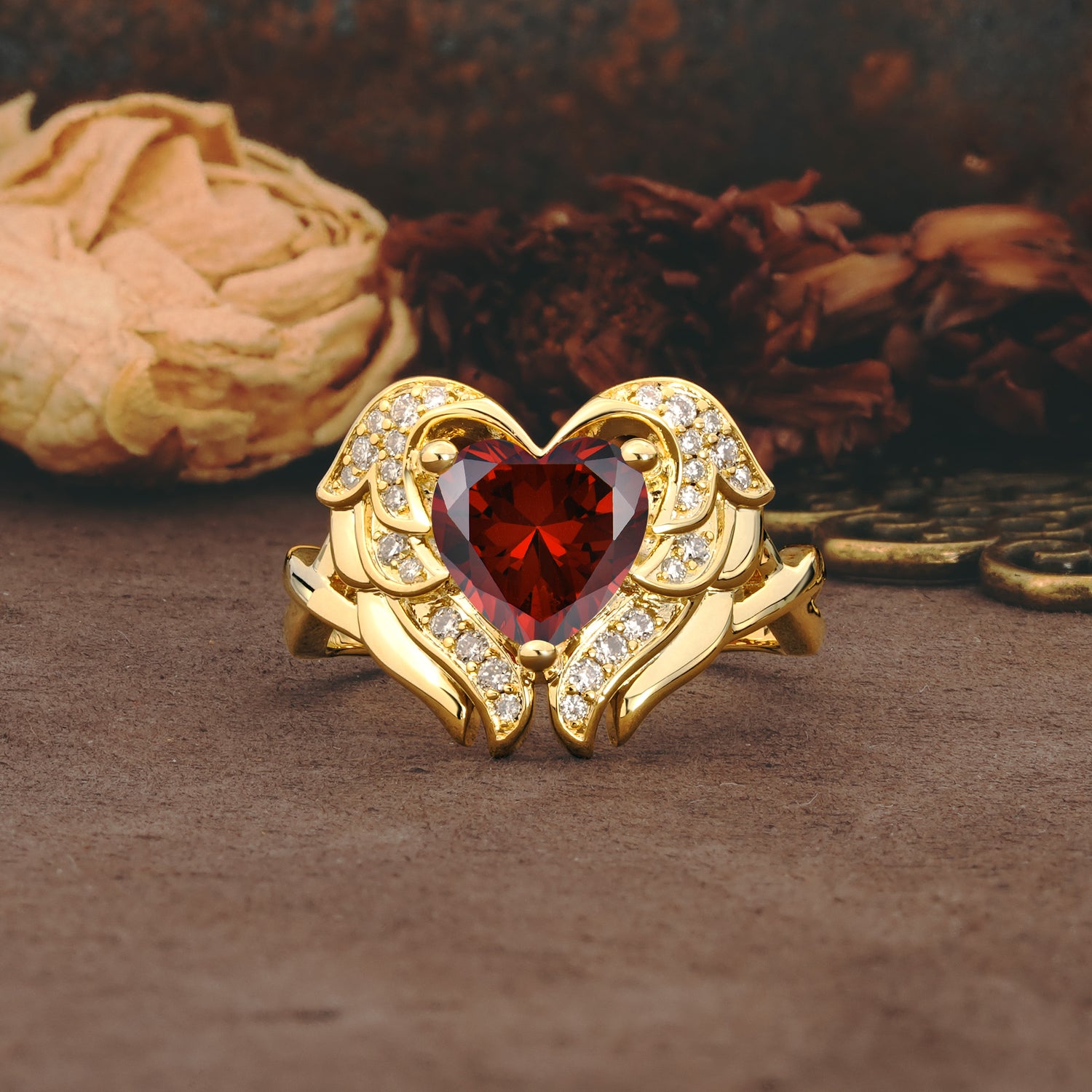Unique, Luxurious Gothic Style 3 Prong Heart Cut Garnet Engagement Ring - Additional view
