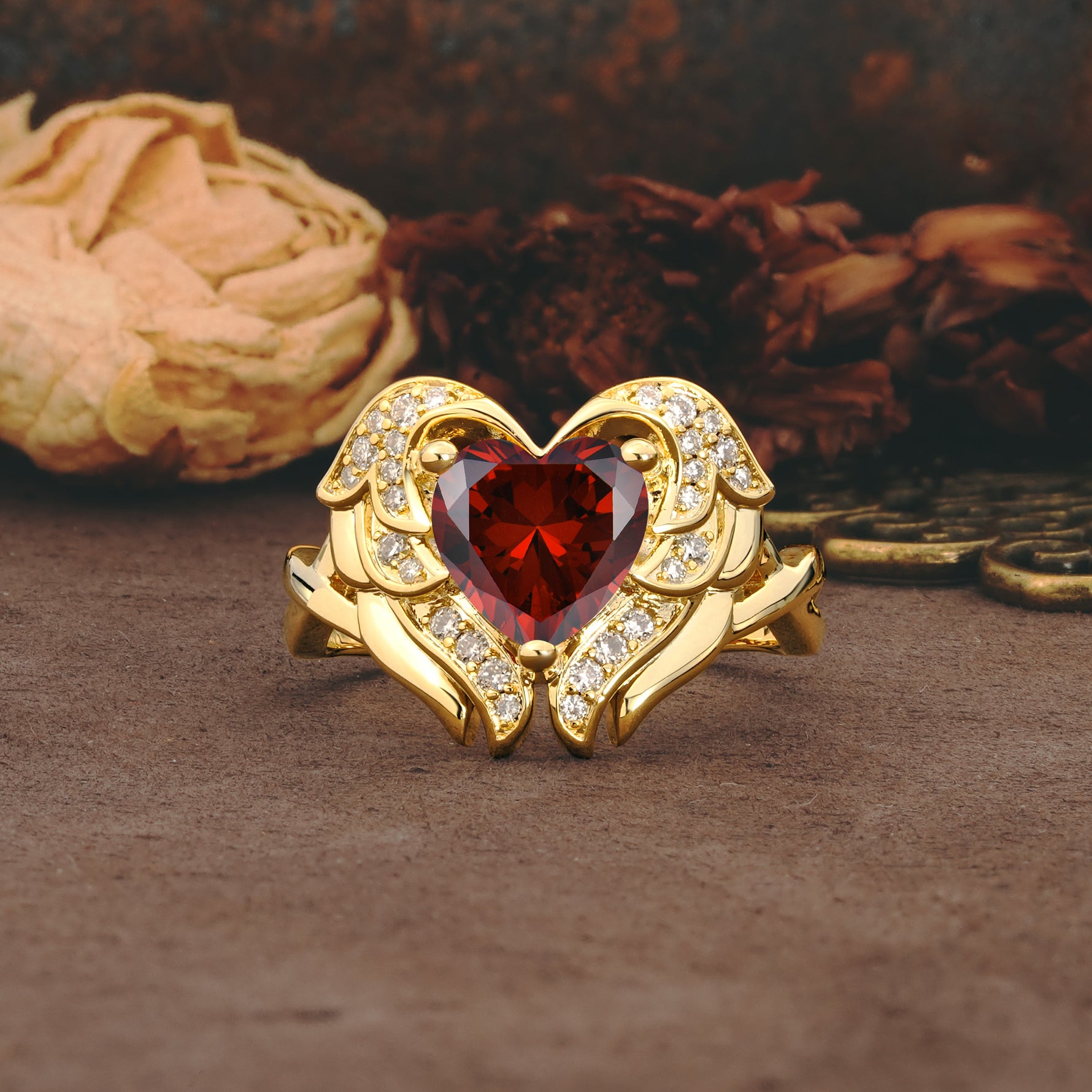 Unique, Luxurious Gothic Style 3 Prong Heart Cut Garnet Engagement Ring - Additional view