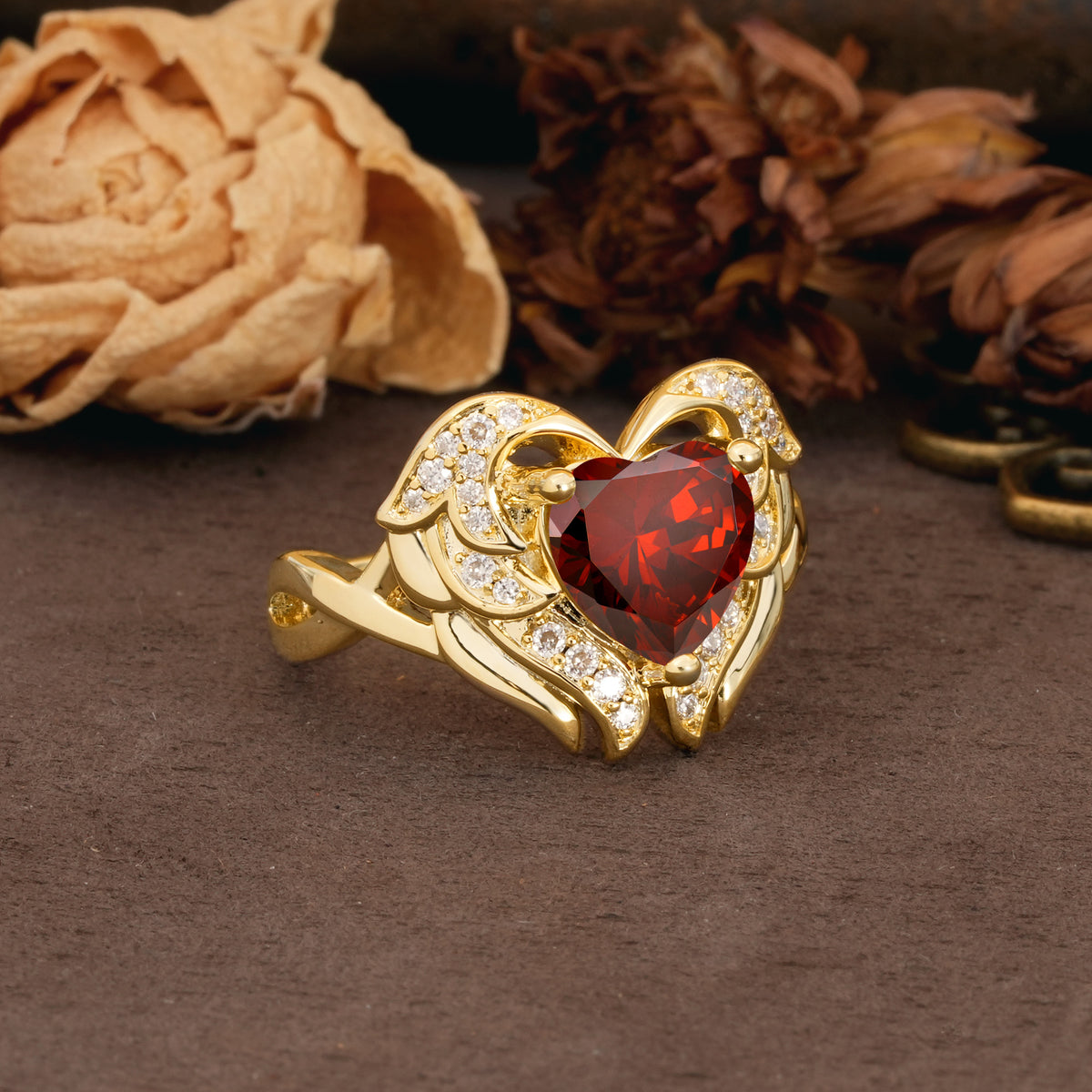 Unique, Luxurious Gothic Style 3 Prong Heart Cut Garnet Engagement Ring - Additional view
