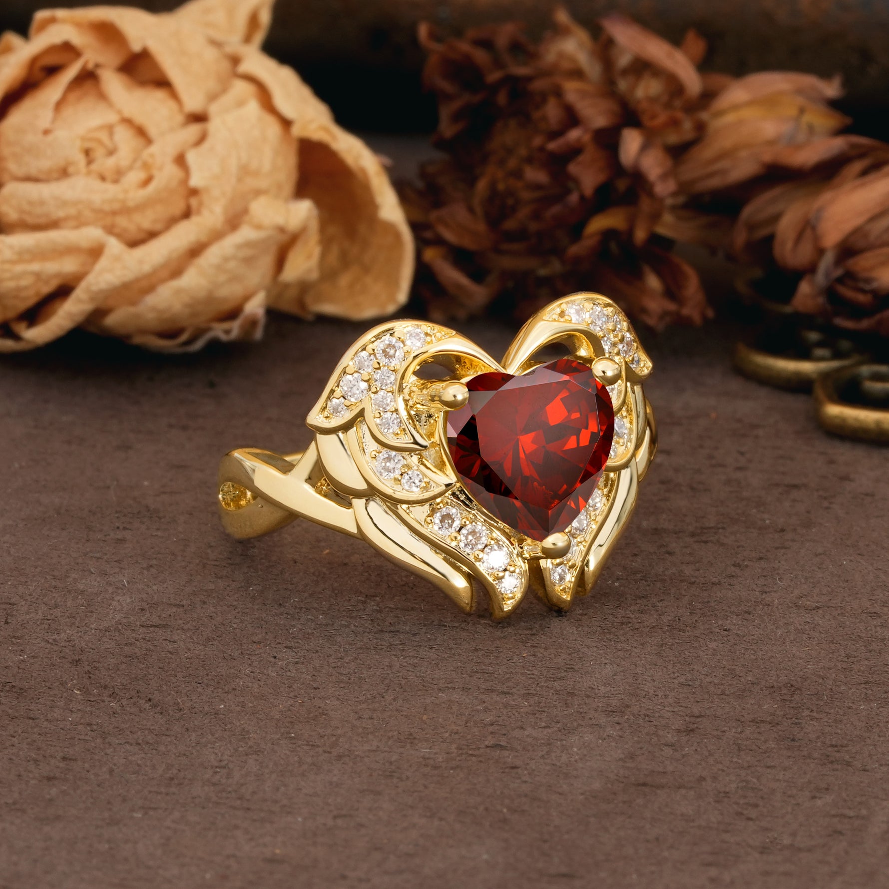 Unique, Luxurious Gothic Style 3 Prong Heart Cut Garnet Engagement Ring - Additional view