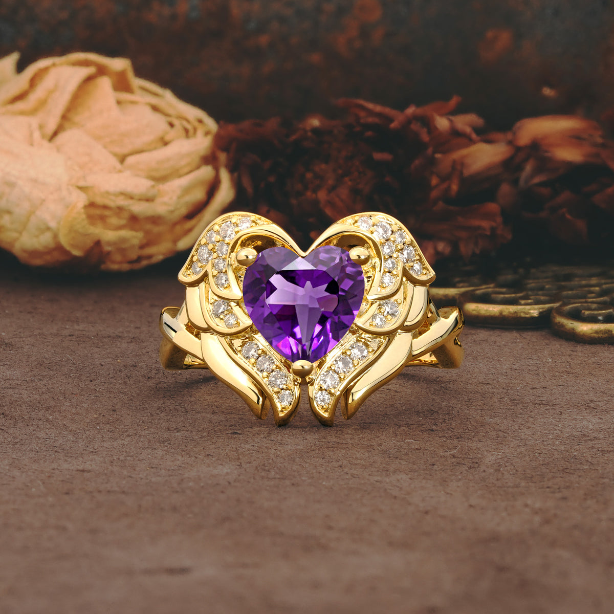 Unique, Luxurious Gothic Style 3 Prong Heart Cut Amethyst Engagement Ring - Additional view