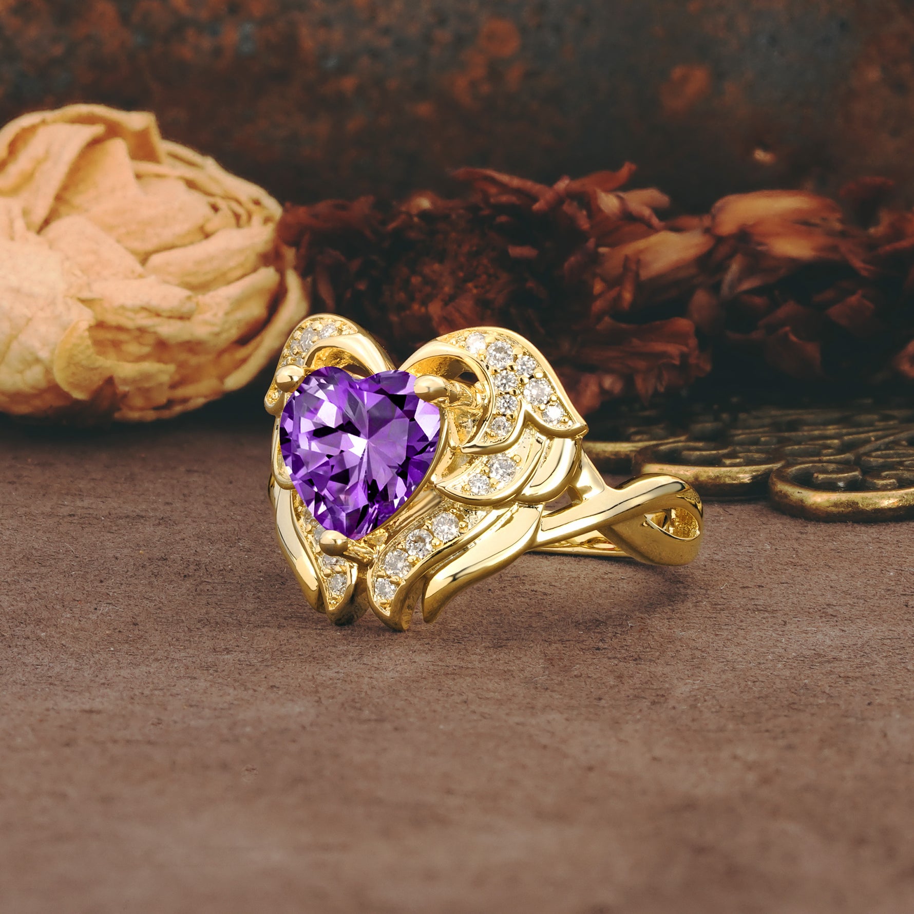 Unique, Luxurious Gothic Style 3 Prong Heart Cut Amethyst Engagement Ring - Additional view