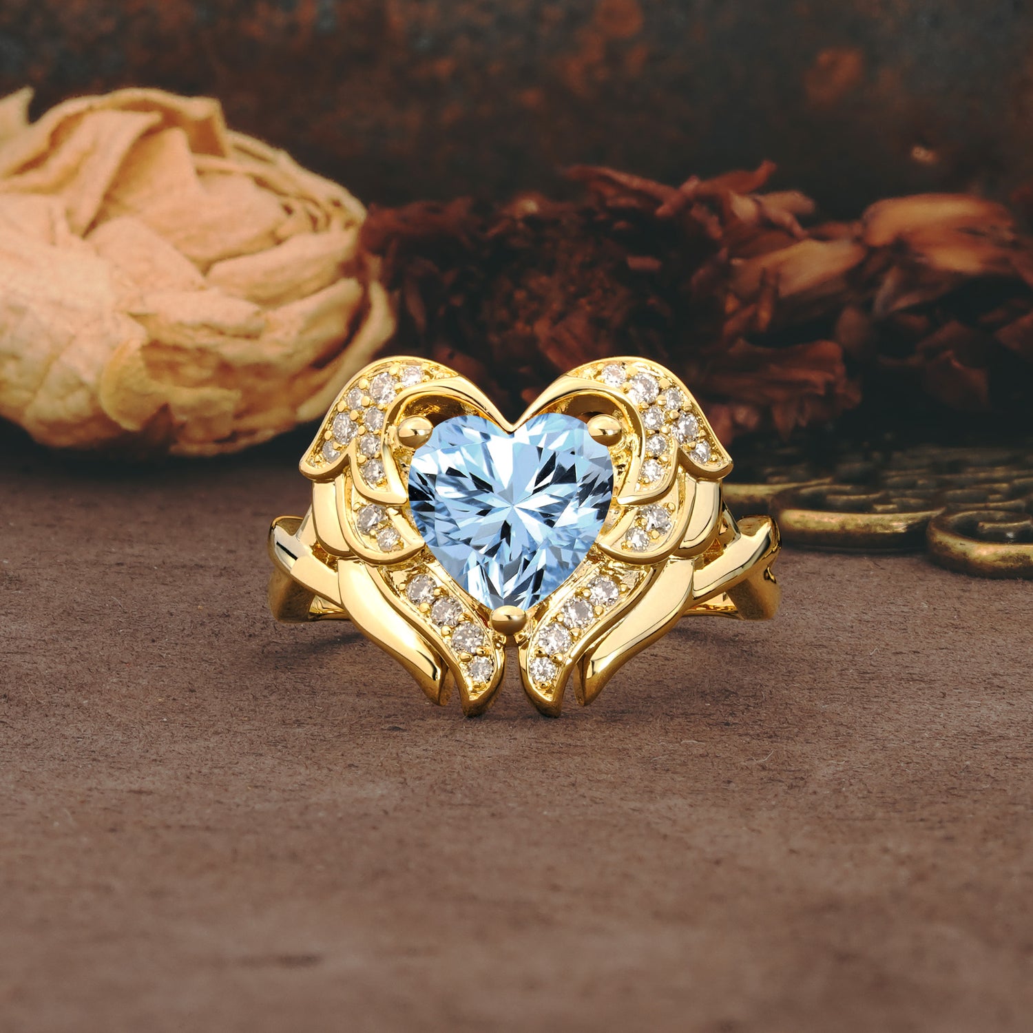 Unique, Luxurious Gothic Style 3 Prong Heart Cut Aquamarine Engagement Ring - Additional view