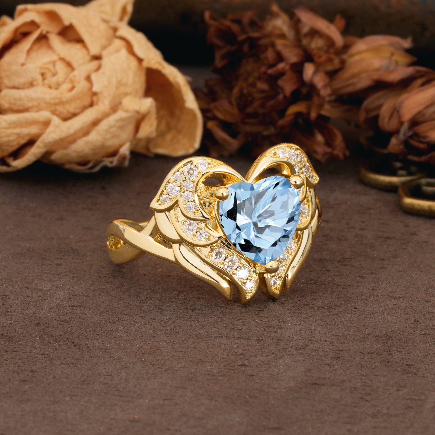 Unique, Luxurious Gothic Style 3 Prong Heart Cut Aquamarine Engagement Ring - Additional view