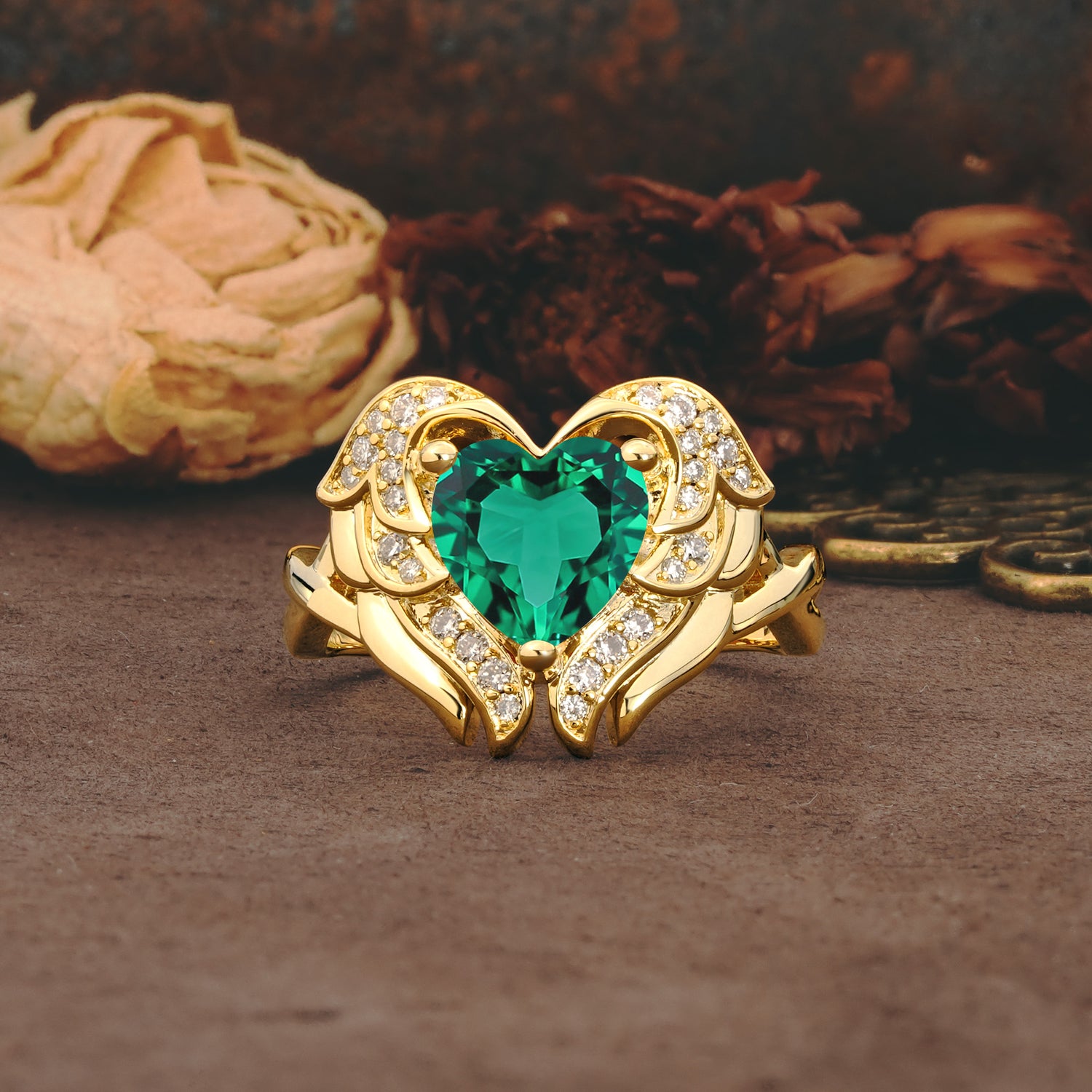 Unique, Luxurious Gothic Style 3 Prong Heart Cut Emerald Engagement Ring - Additional view