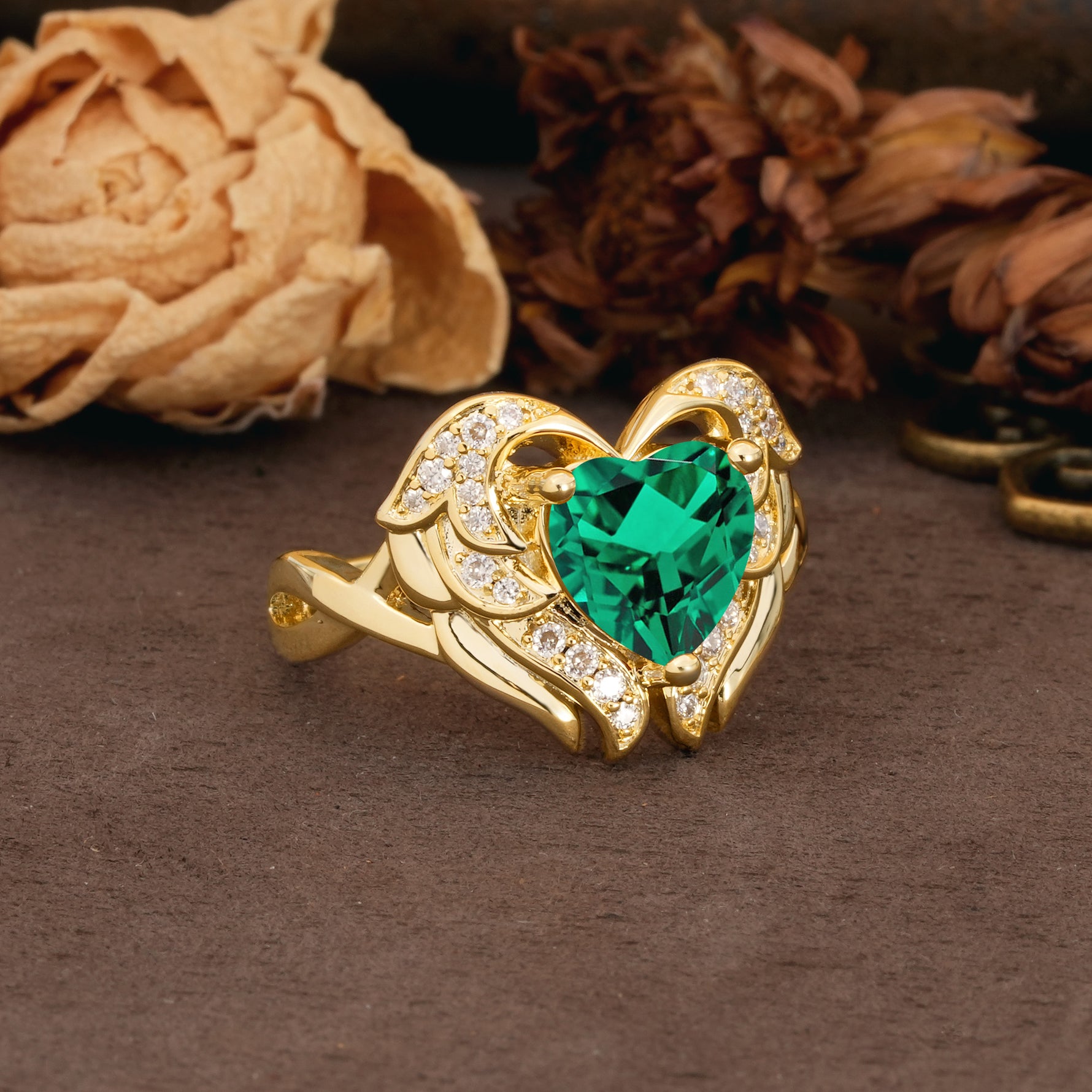 Unique, Luxurious Gothic Style 3 Prong Heart Cut Emerald Engagement Ring - Additional view