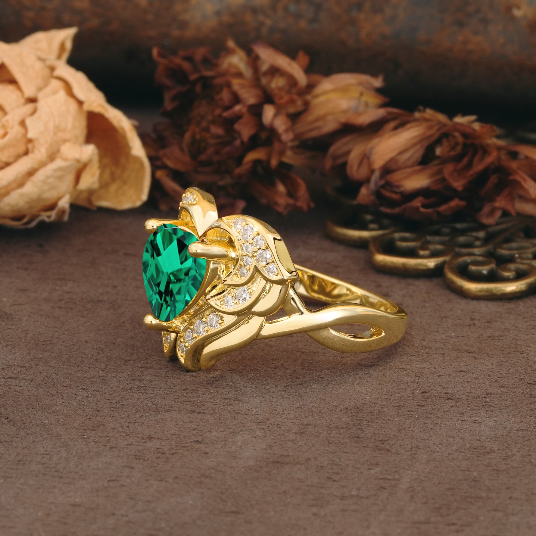 Unique, Luxurious Gothic Style 3 Prong Heart Cut Emerald Engagement Ring - Additional view