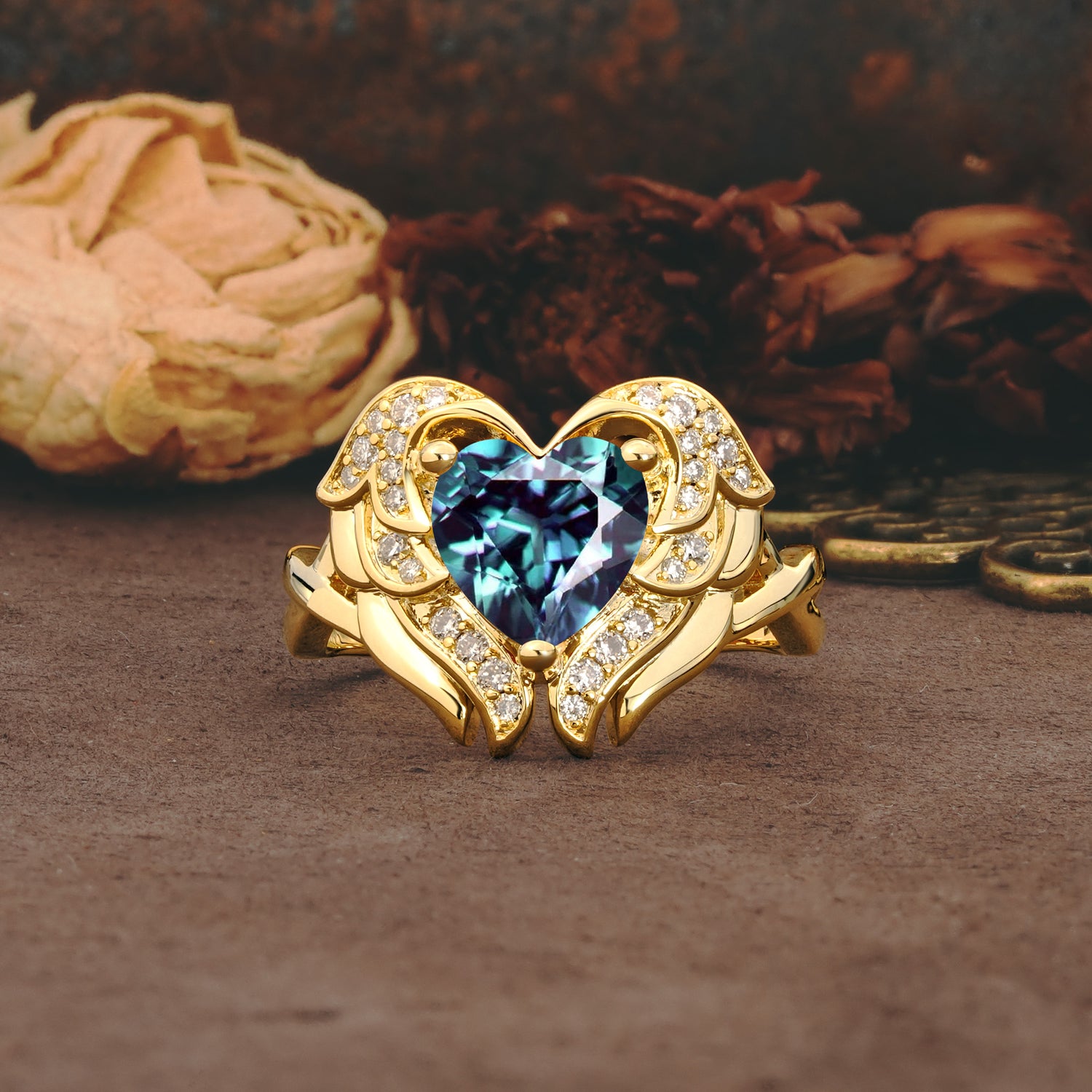Unique, Luxurious Gothic Style 3 Prong Heart Cut Alexandrite Engagement Ring - Additional view