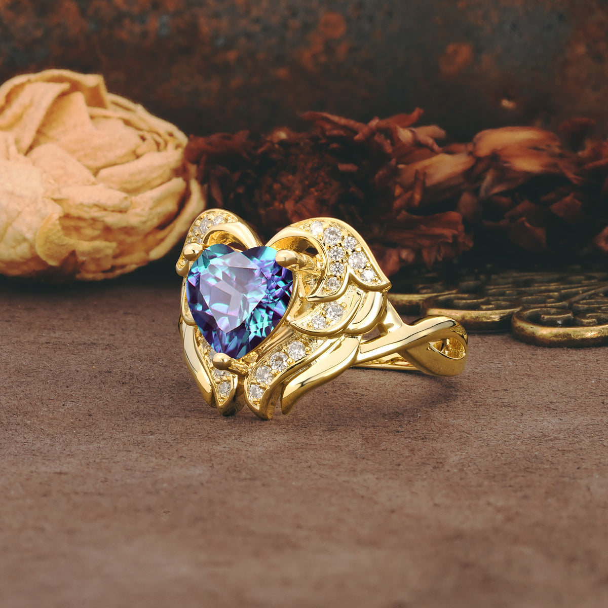 Unique, Luxurious Gothic Style 3 Prong Heart Cut Alexandrite Engagement Ring - Additional view