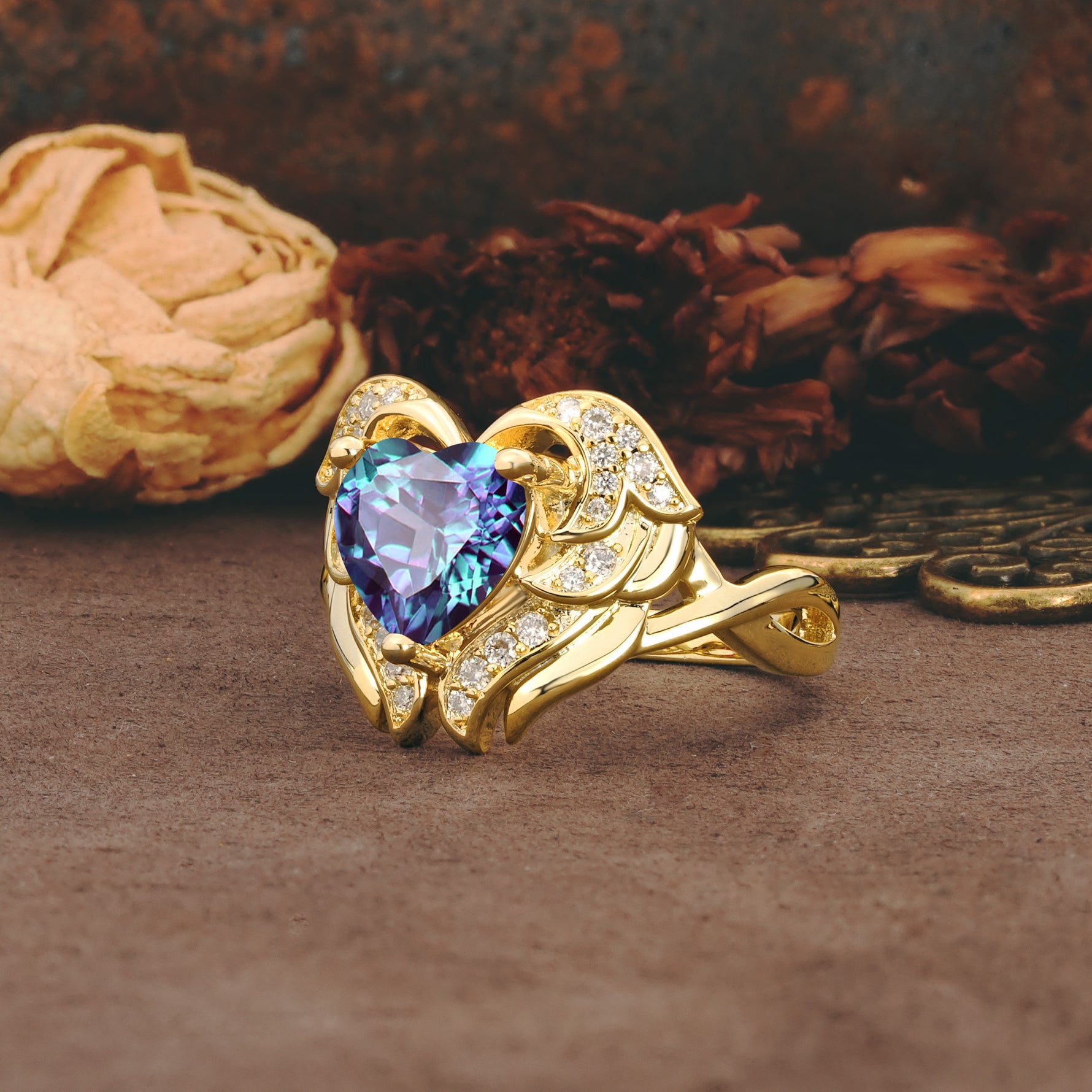 Unique, Luxurious Gothic Style 3 Prong Heart Cut Alexandrite Engagement Ring - Additional view