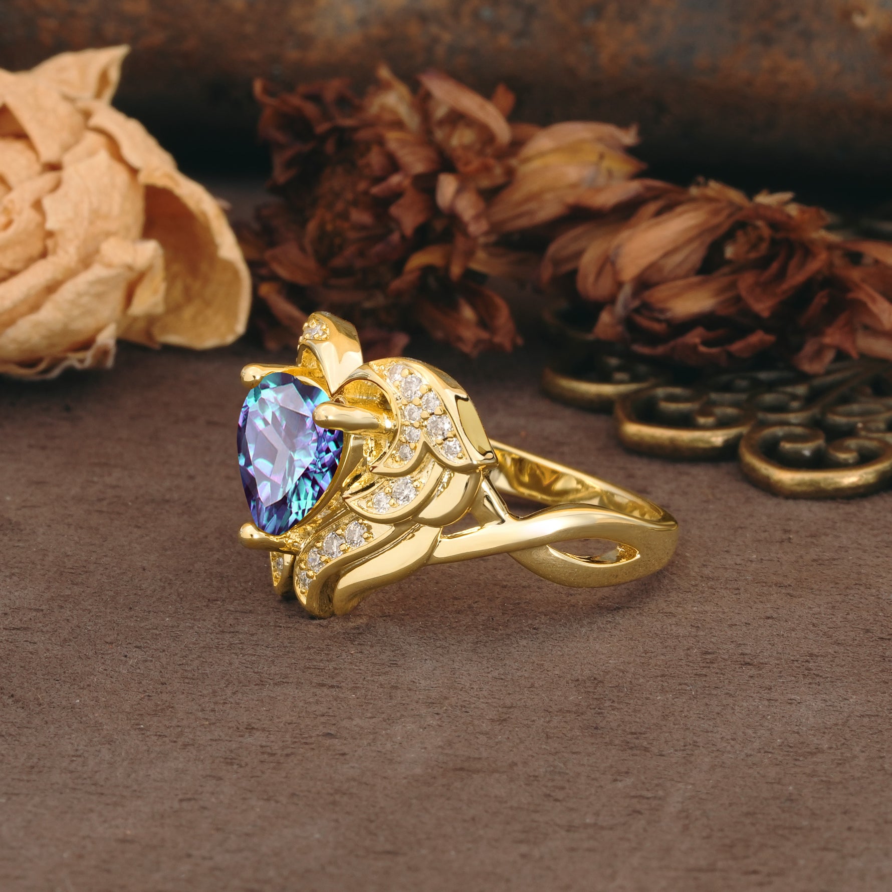 Unique, Luxurious Gothic Style 3 Prong Heart Cut Alexandrite Engagement Ring - Additional view