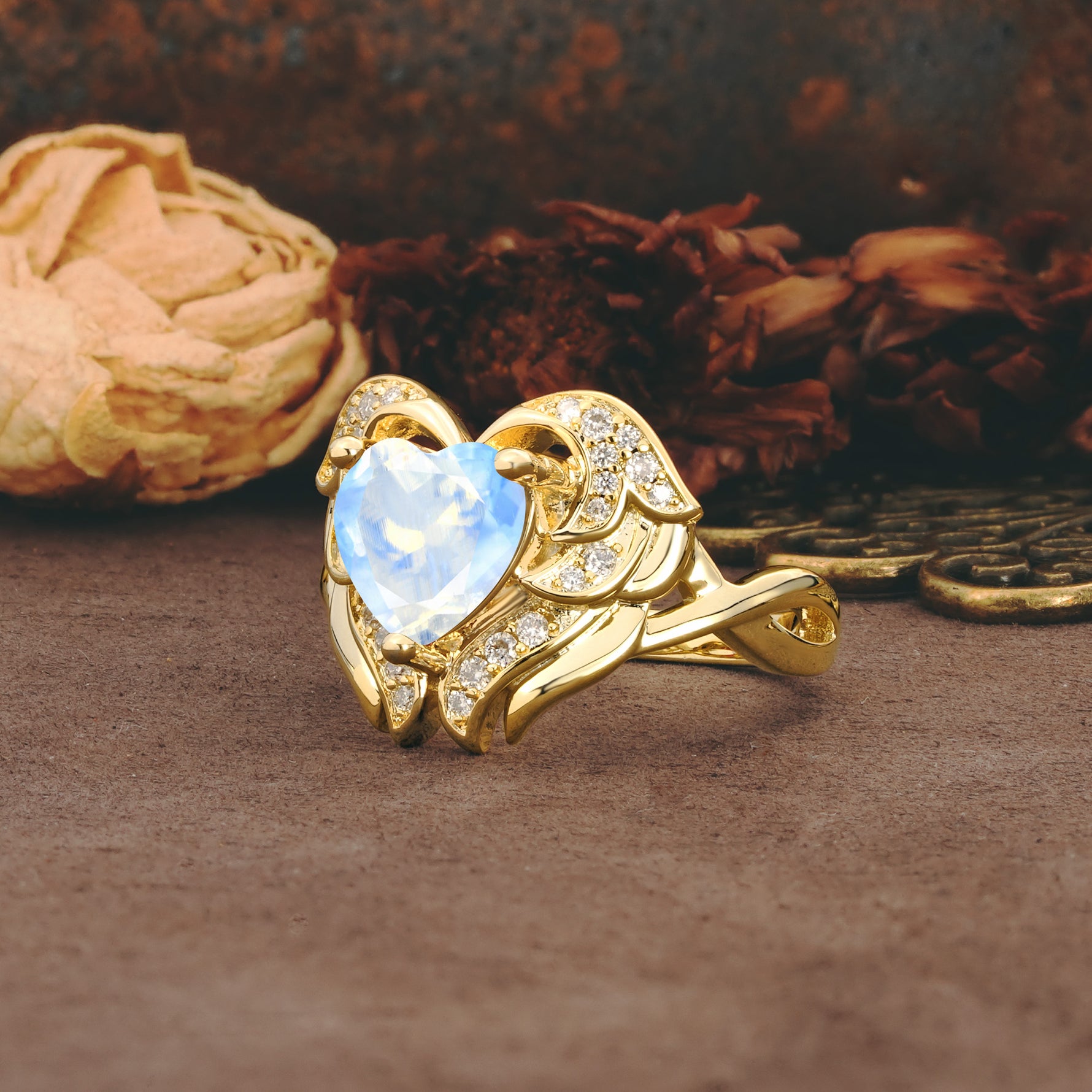 Unique, Luxurious Gothic Style 3 Prong Heart Cut Moonstone Engagement Ring - Additional view