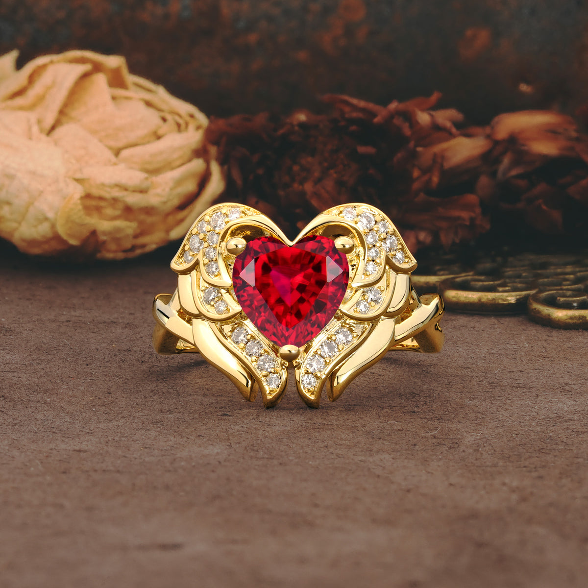 Unique, Luxurious Gothic Style 3 Prong Heart Cut Ruby Engagement Ring - Additional view
