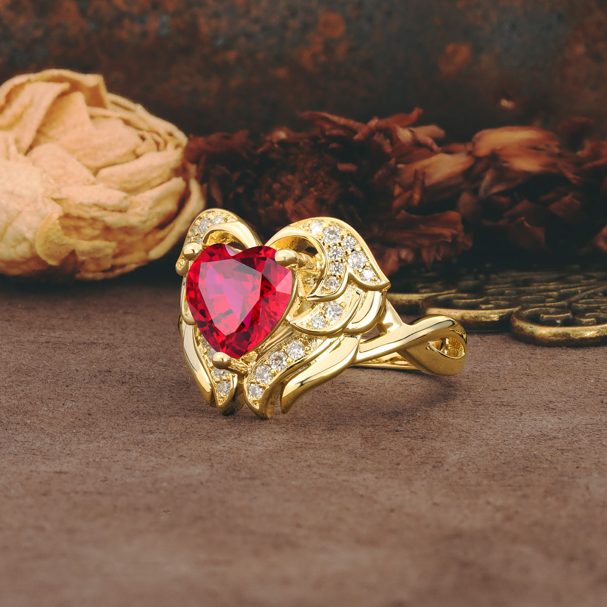 Unique, Luxurious Gothic Style 3 Prong Heart Cut Ruby Engagement Ring - Additional view