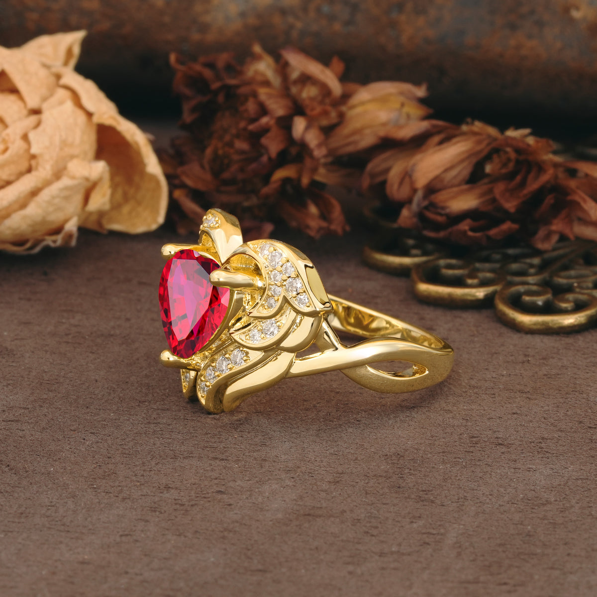 Unique, Luxurious Gothic Style 3 Prong Heart Cut Ruby Engagement Ring - Additional view