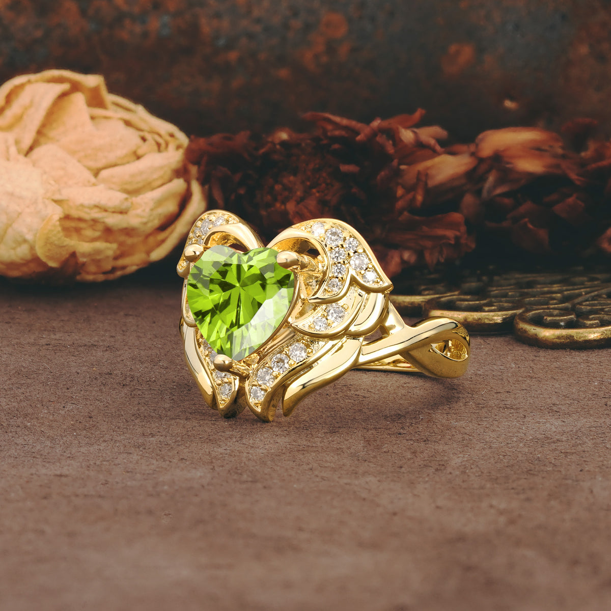 Unique, Luxurious Gothic Style 3 Prong Heart Cut Peridot Engagement Ring - Additional view