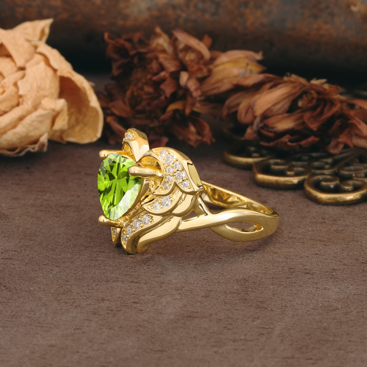 Unique, Luxurious Gothic Style 3 Prong Heart Cut Peridot Engagement Ring - Additional view