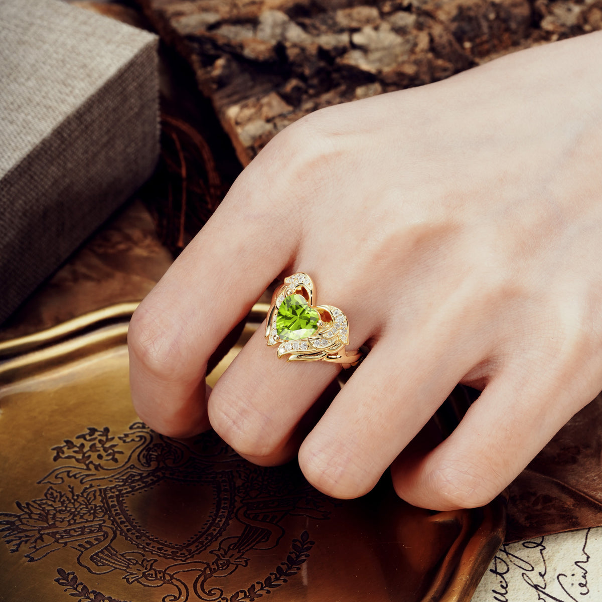 Unique, Luxurious Gothic Style 3 Prong Heart Cut Peridot Engagement Ring - Additional view