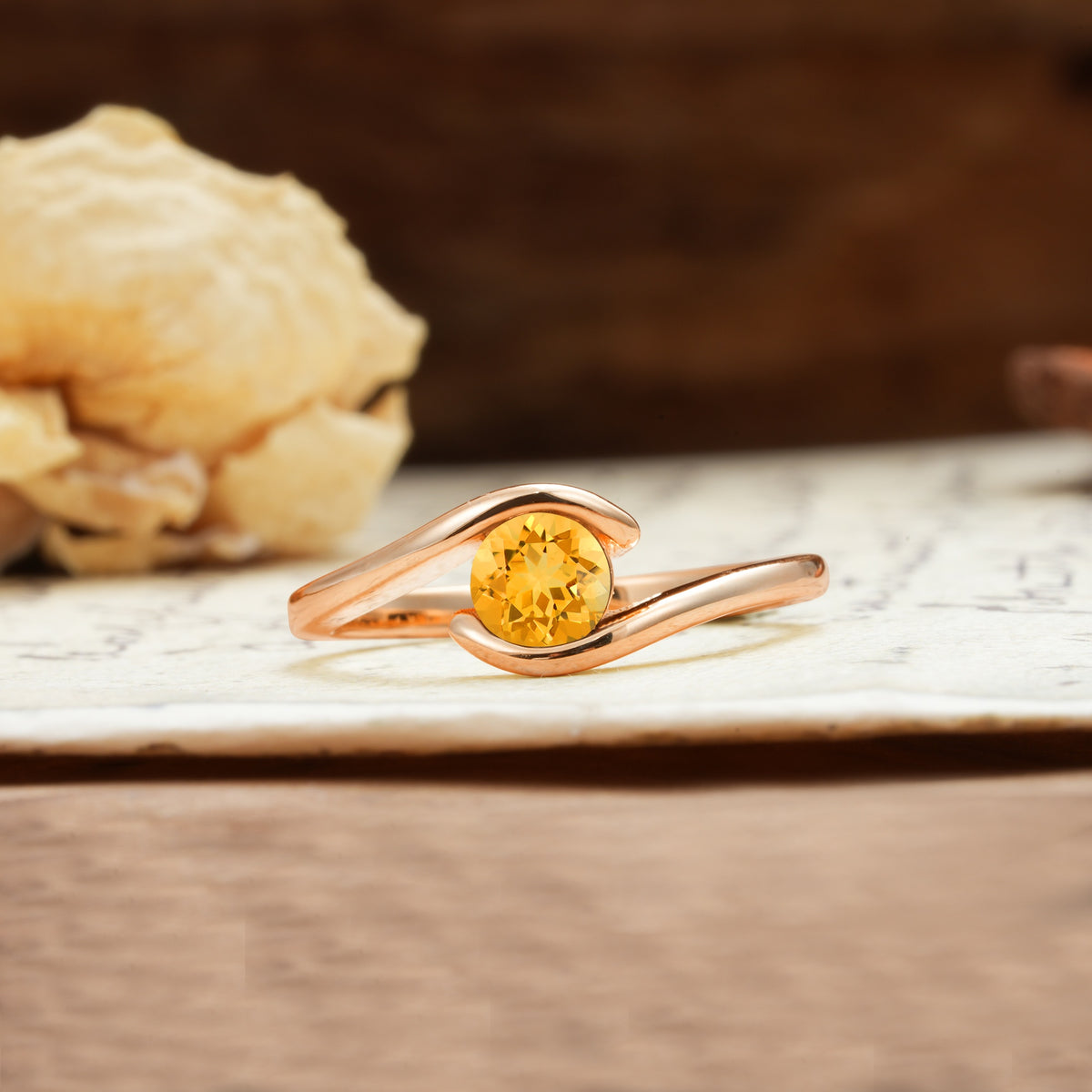 Unique, Minimalist, and Intertwined Round Cut Citrine Engagement Ring - Additional view