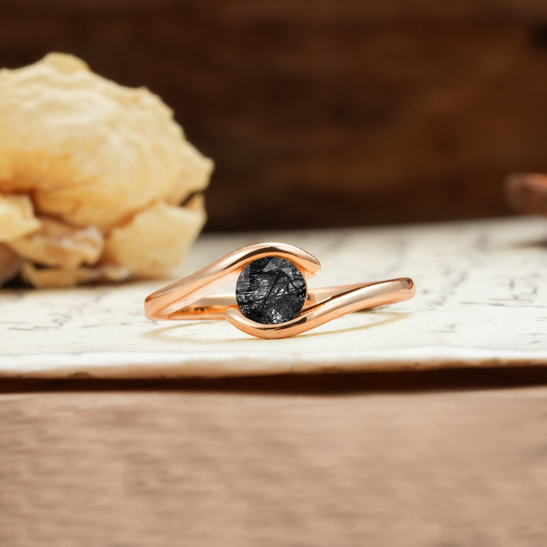 Unique, Minimalist, and Intertwined Round Cut Black Rutilated Quartz Engagement Ring - Additional view