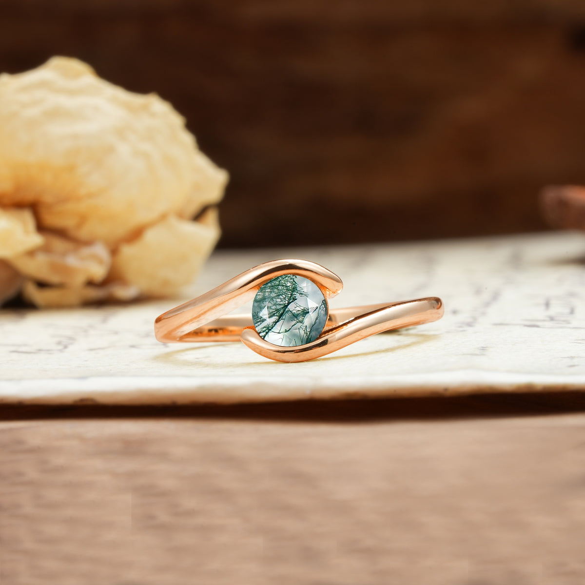 Unique, Minimalist, and Intertwined Round Cut Moss Agate Engagement Ring - Additional view